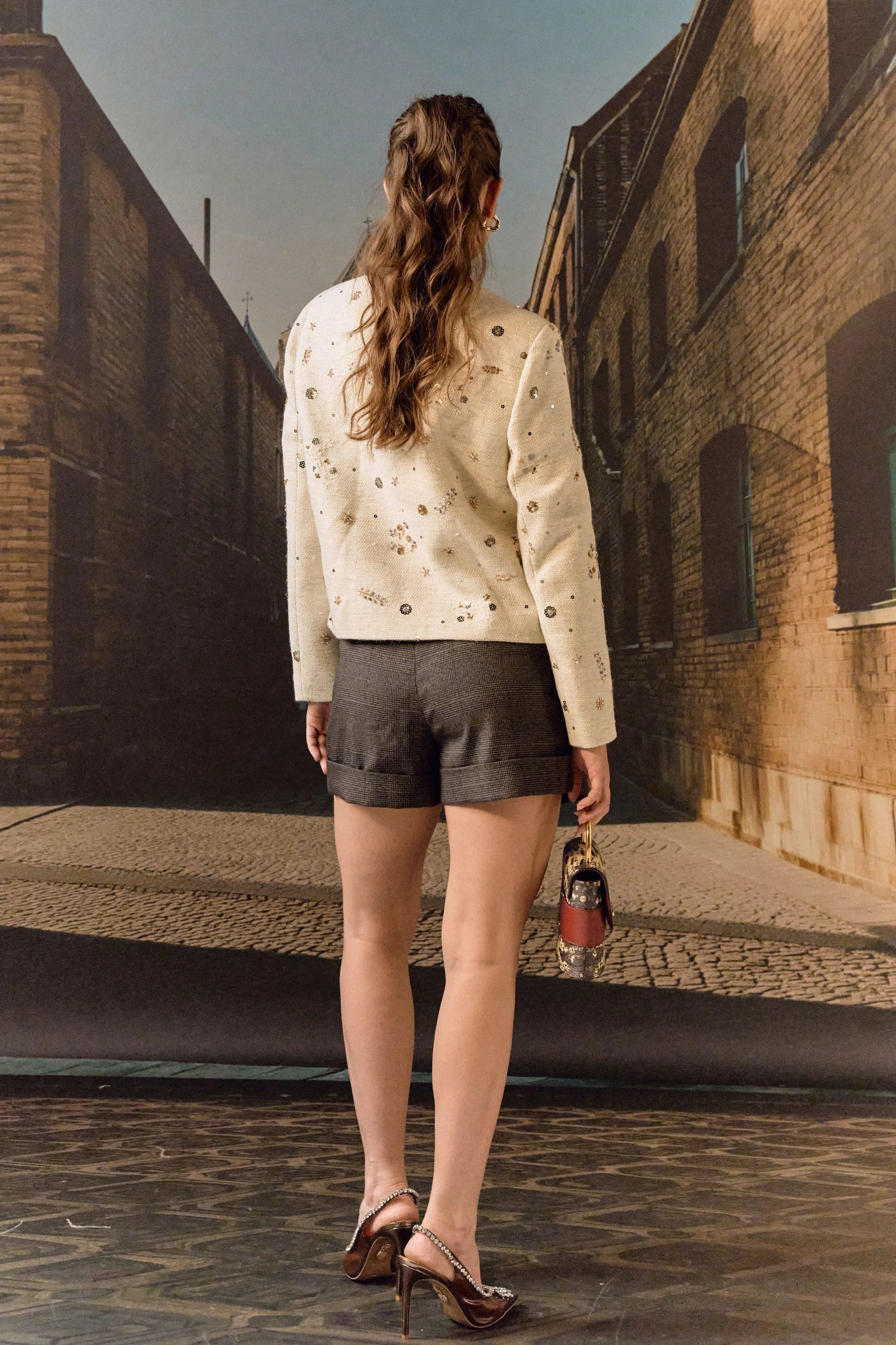 Tweed Hand Embroidered Jacket- Biscuit