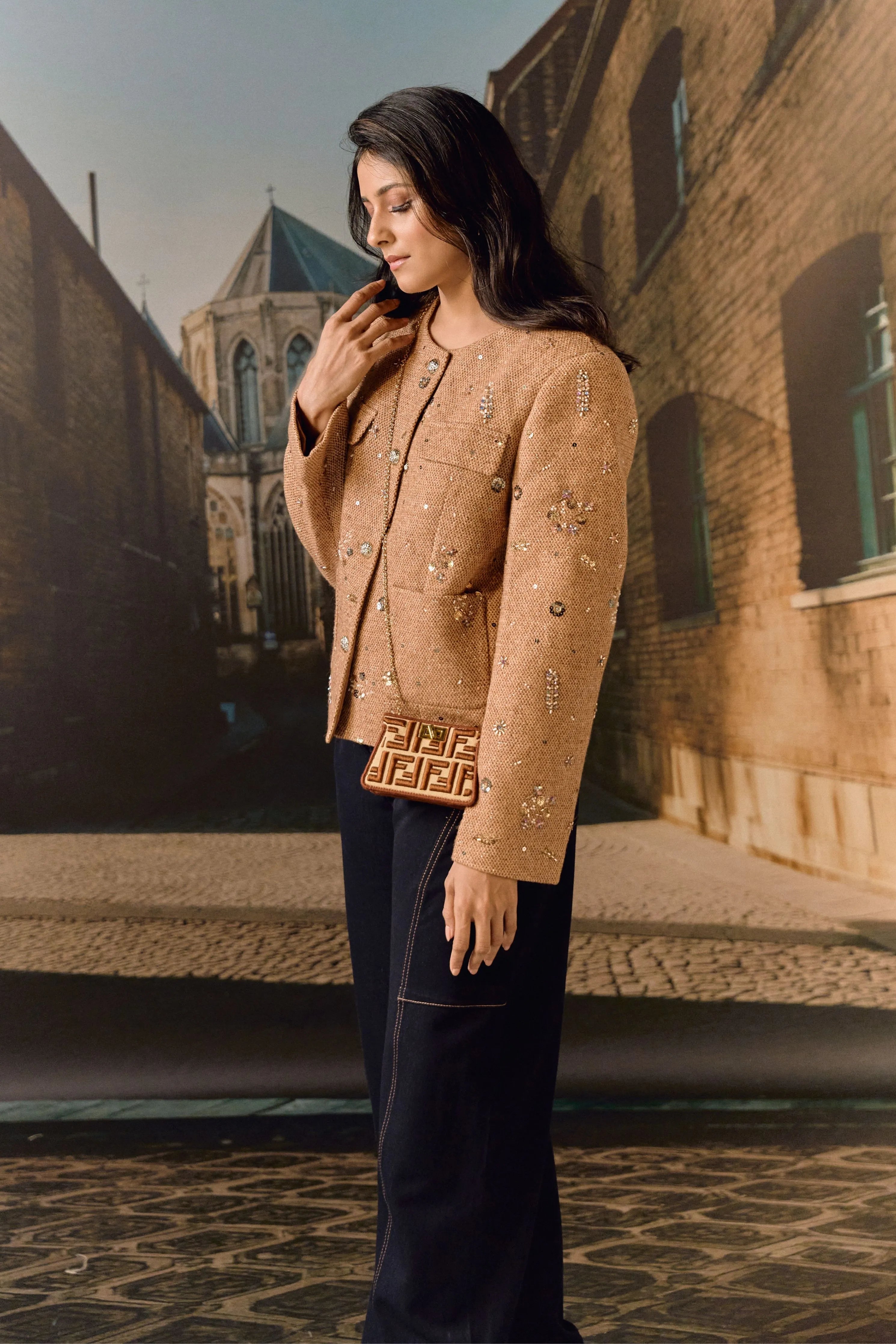 Tweed Hand Embroidered Jacket- Sand
