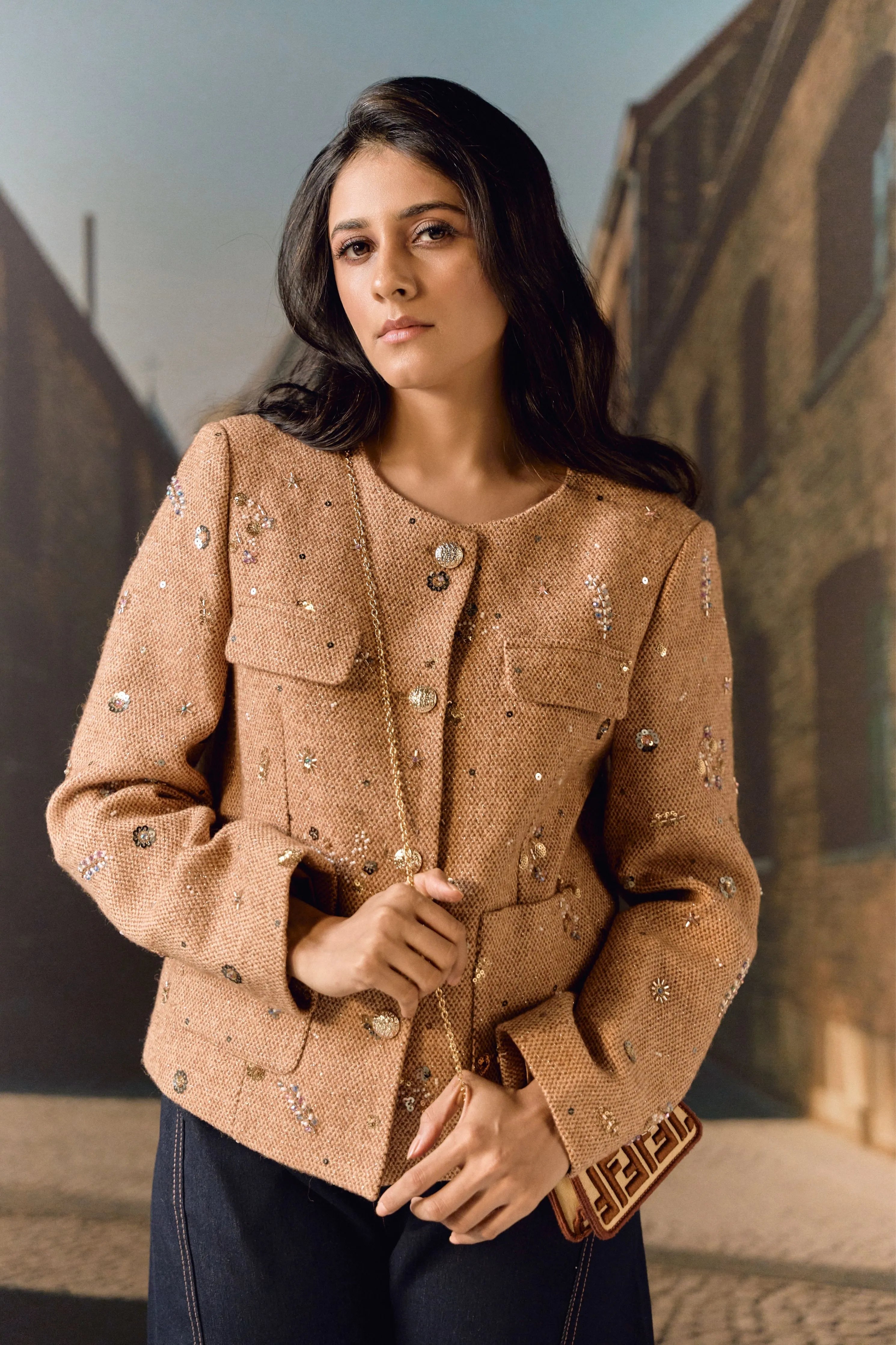 Tweed Hand Embroidered Jacket- Sand
