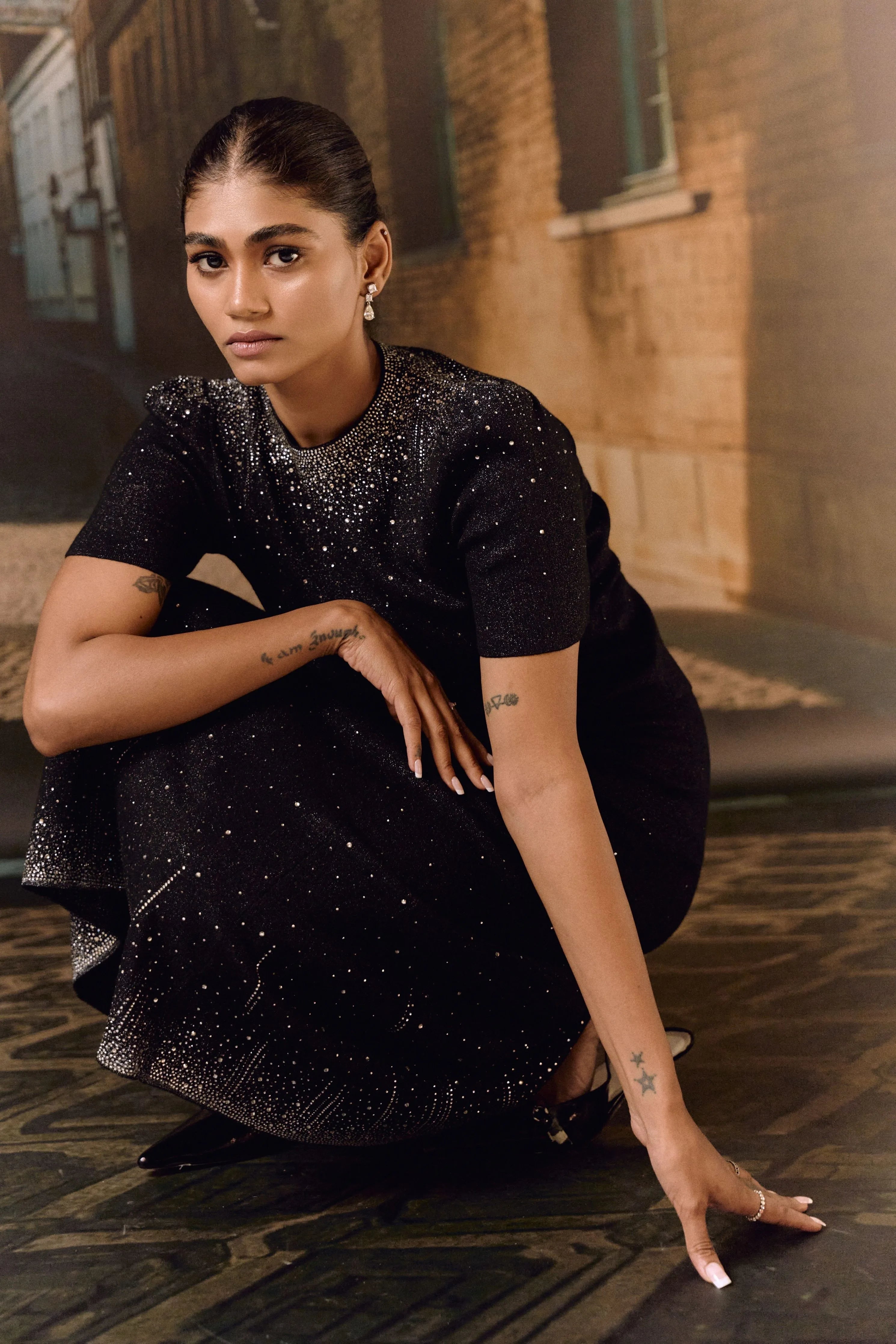 Swarovski Knit Shift Dress- Black