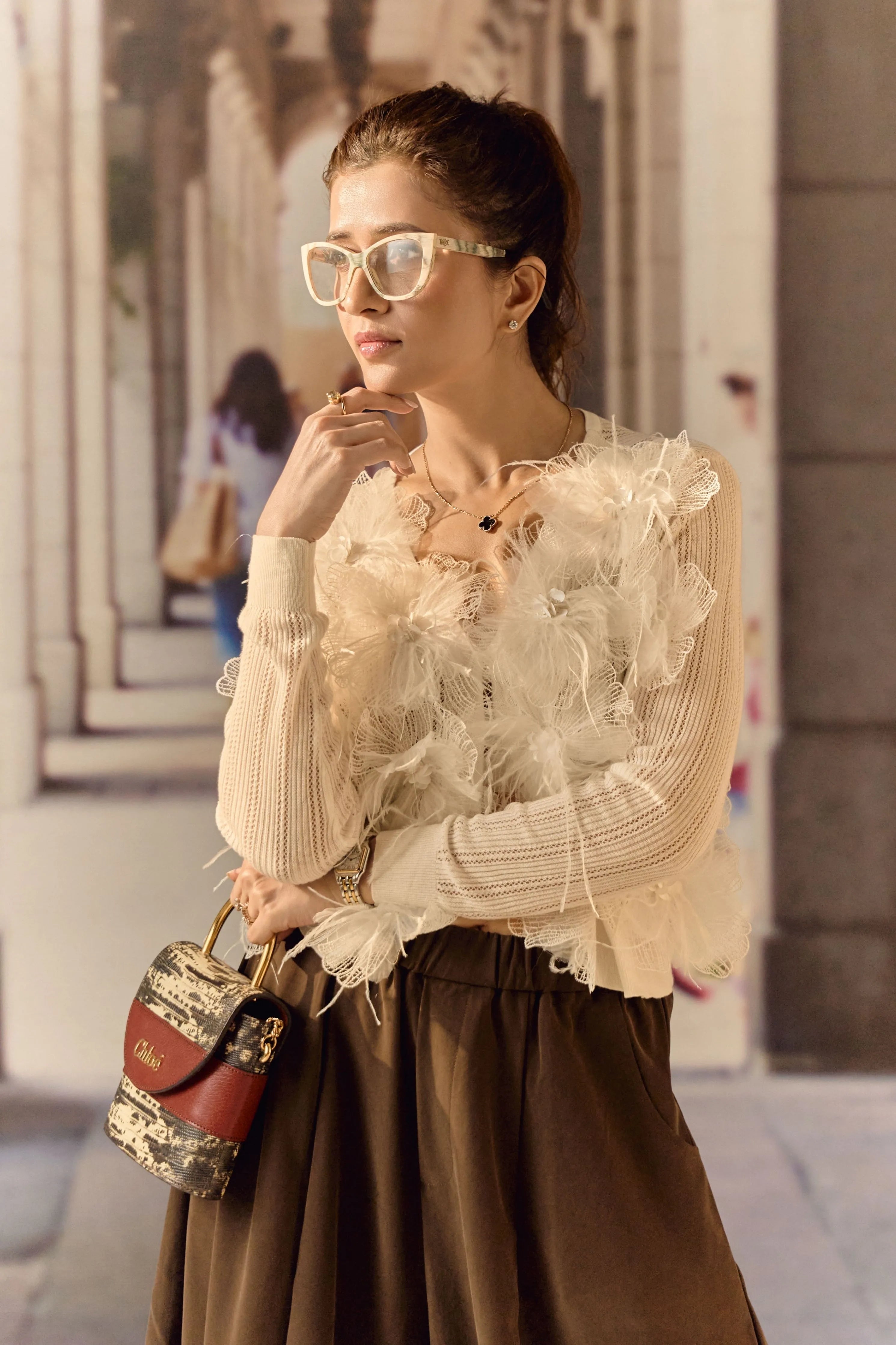 3D Floral Feather Cardigan- White