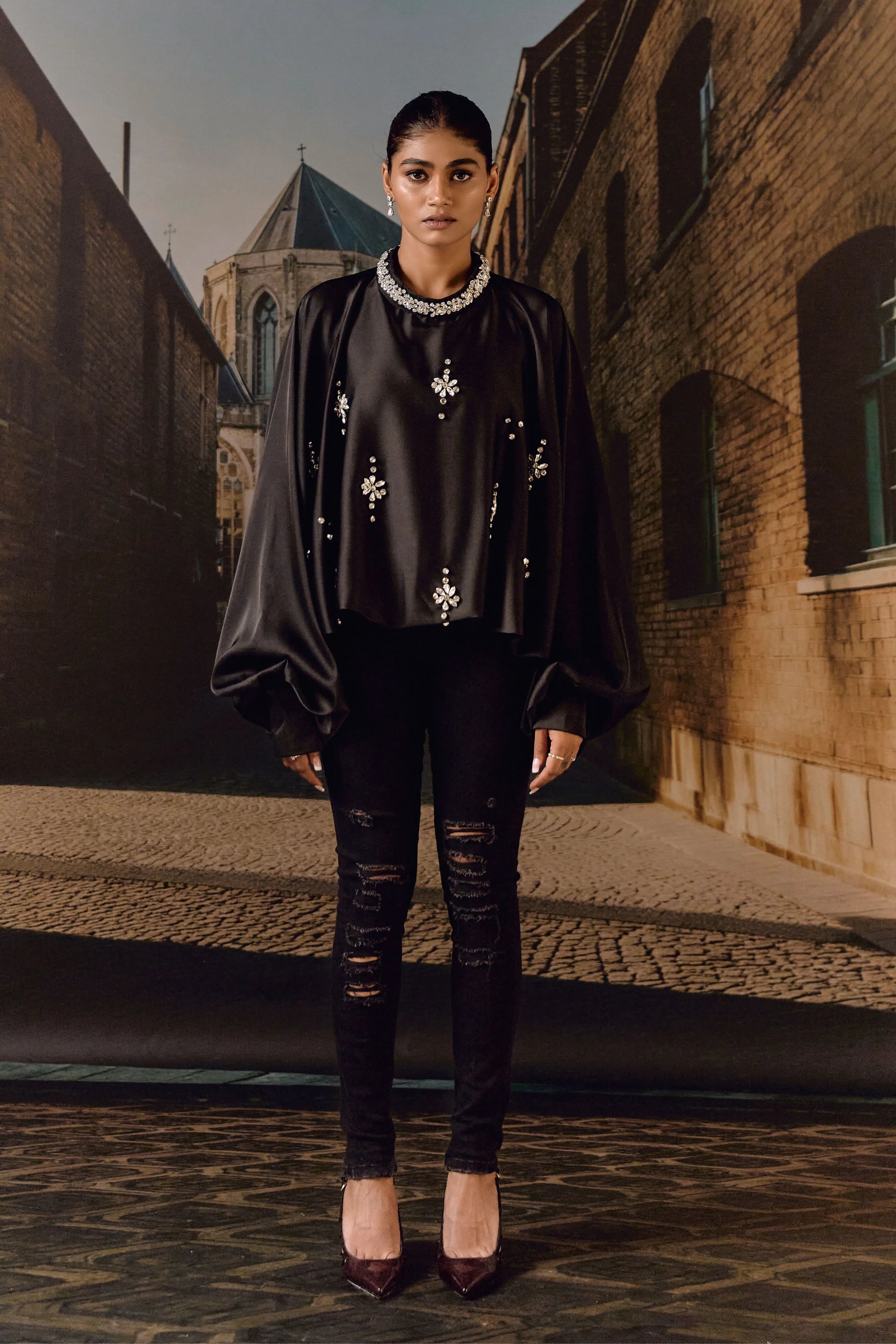 Crystal Embellished Satin Kaftan Top- Black