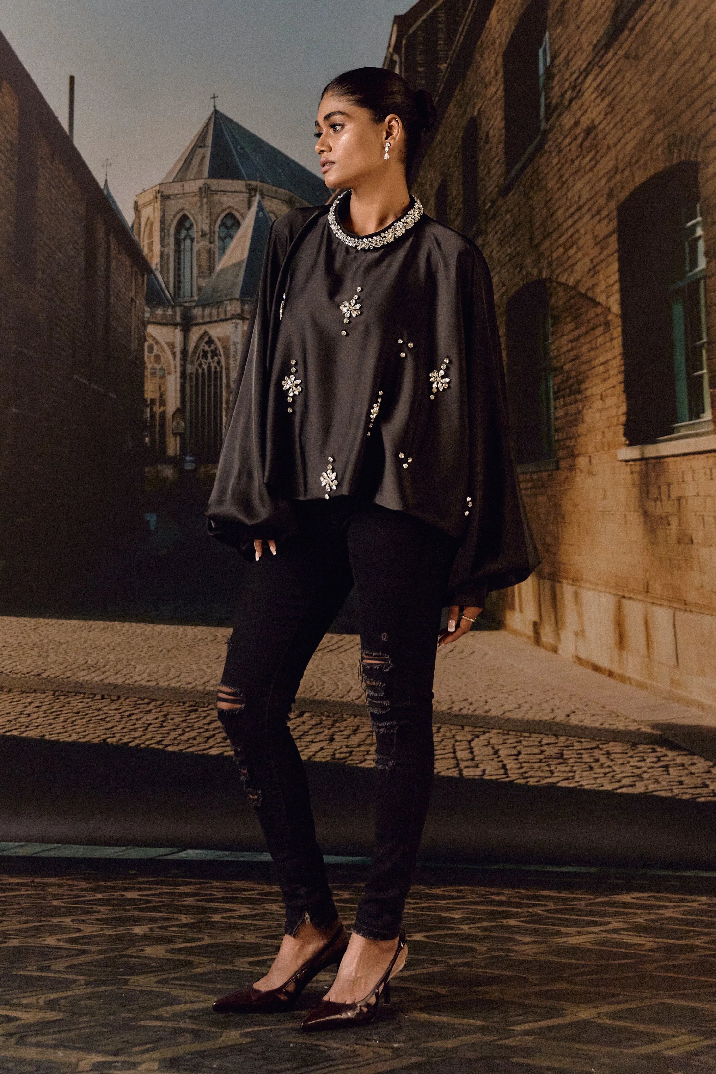 Crystal Embellished Satin Kaftan Top- Black