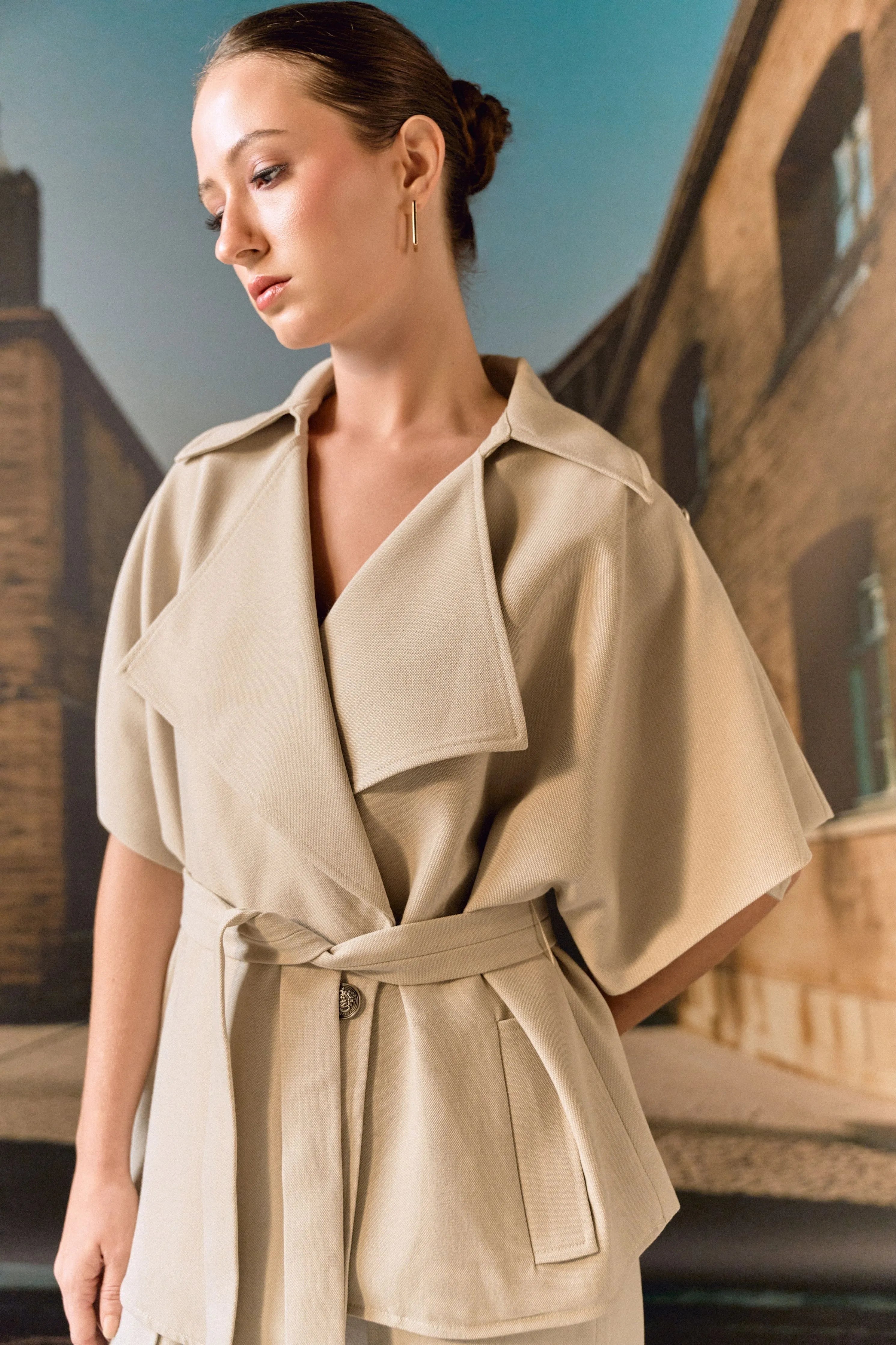 Beige Exaggerated Collar Co-Ord Set