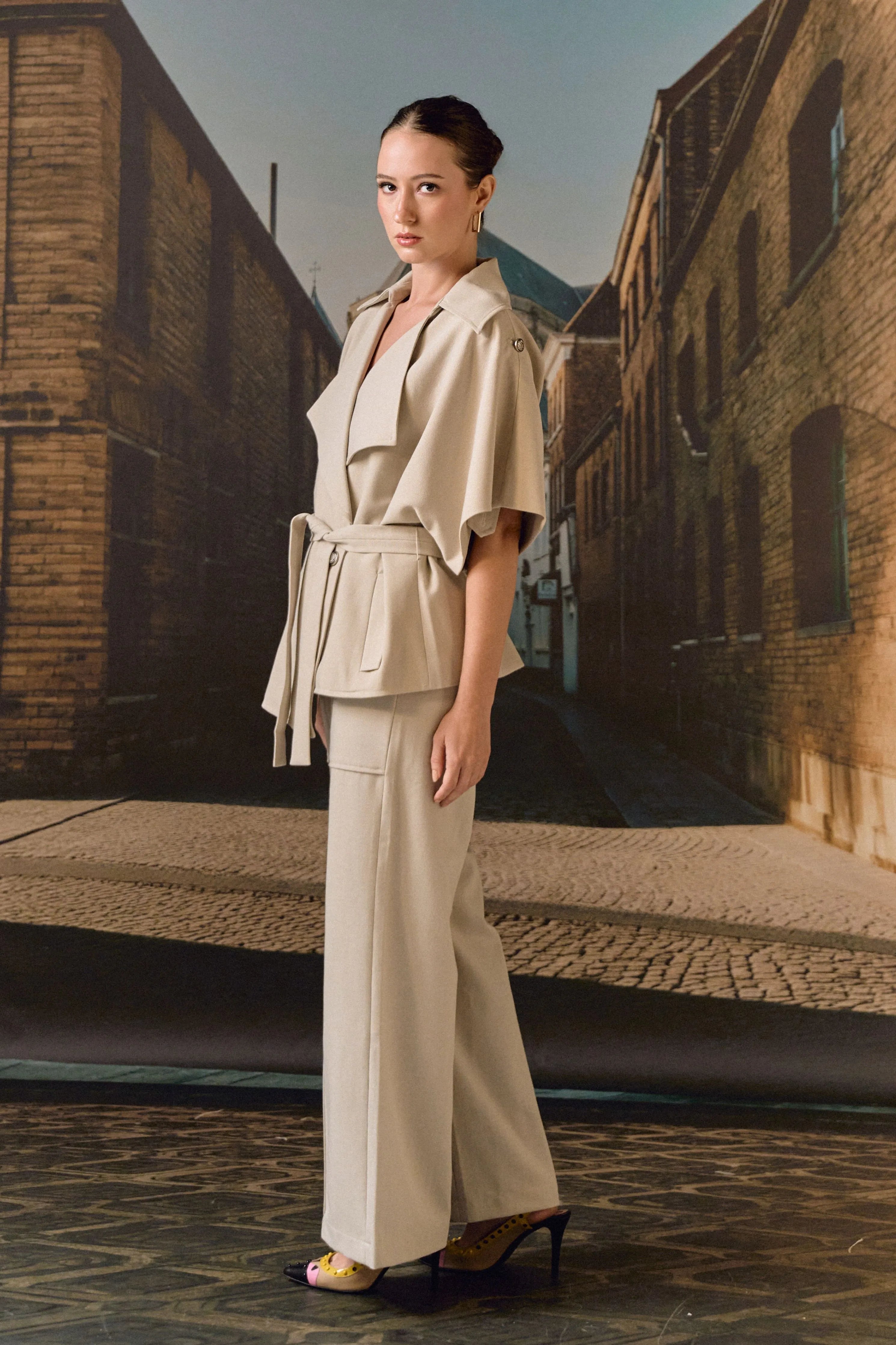 Beige Exaggerated Collar Co-Ord Set
