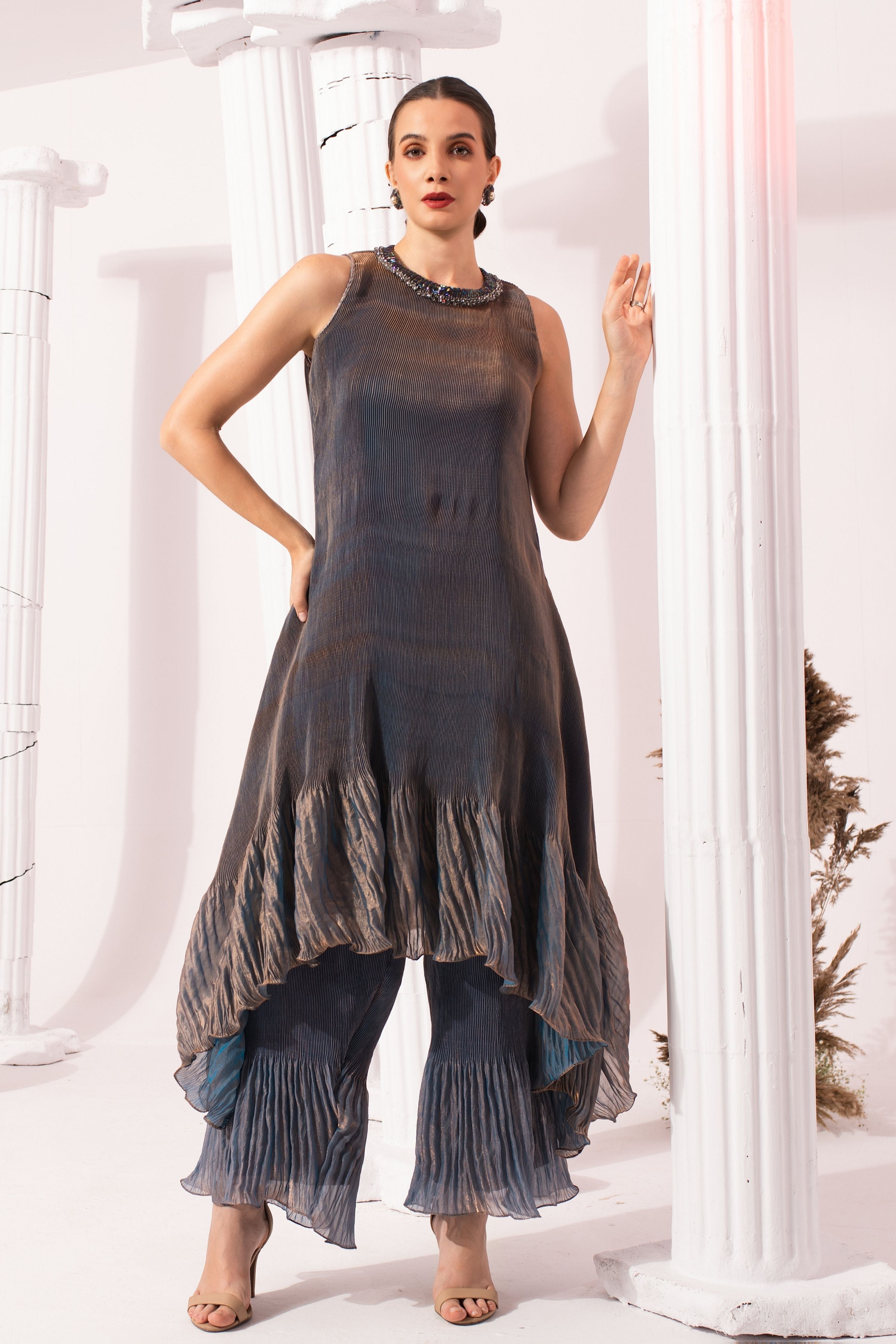 Metalic Steel Blue High Neck Kurta Set