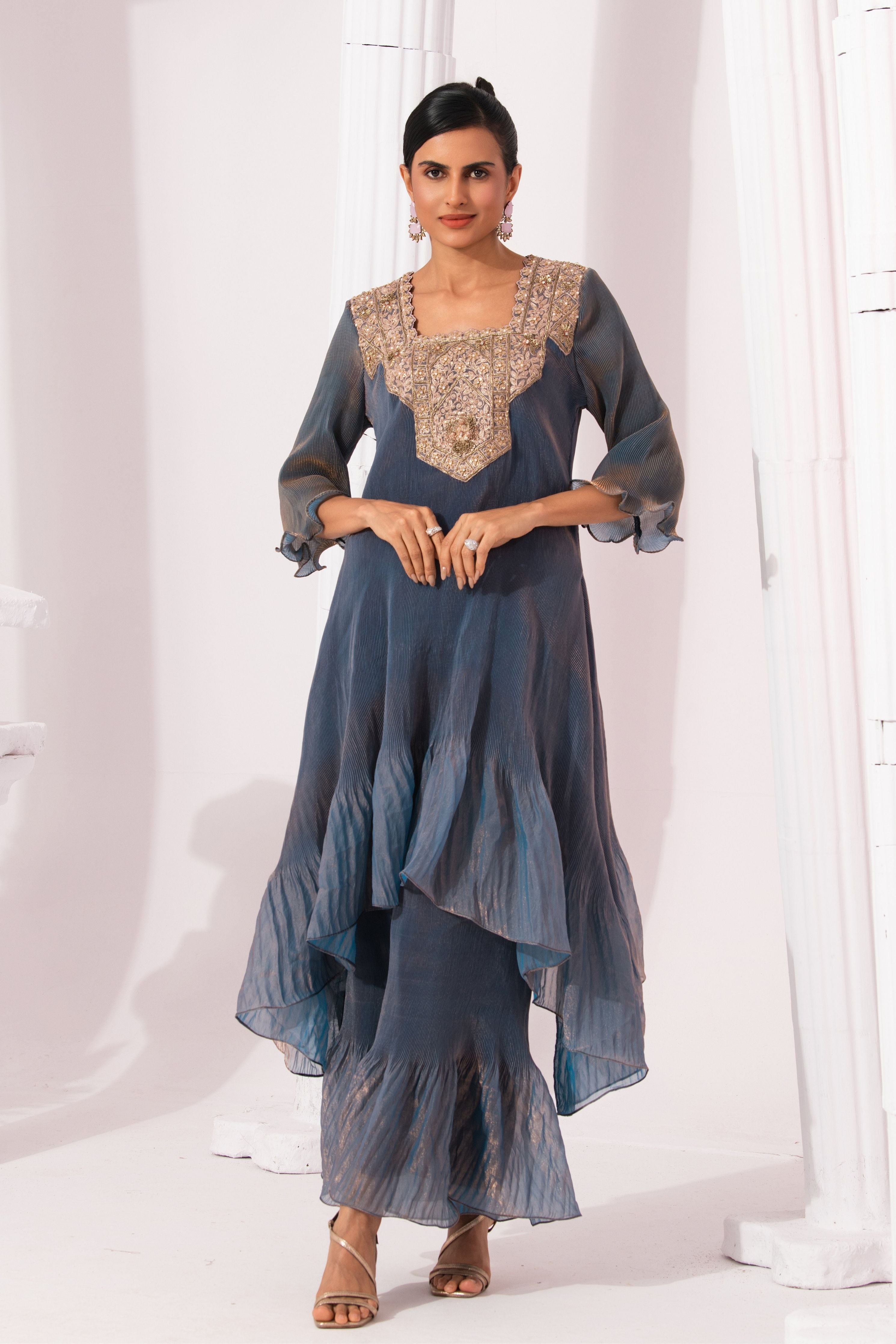 Metalic Steel Blue Square Neck Suit