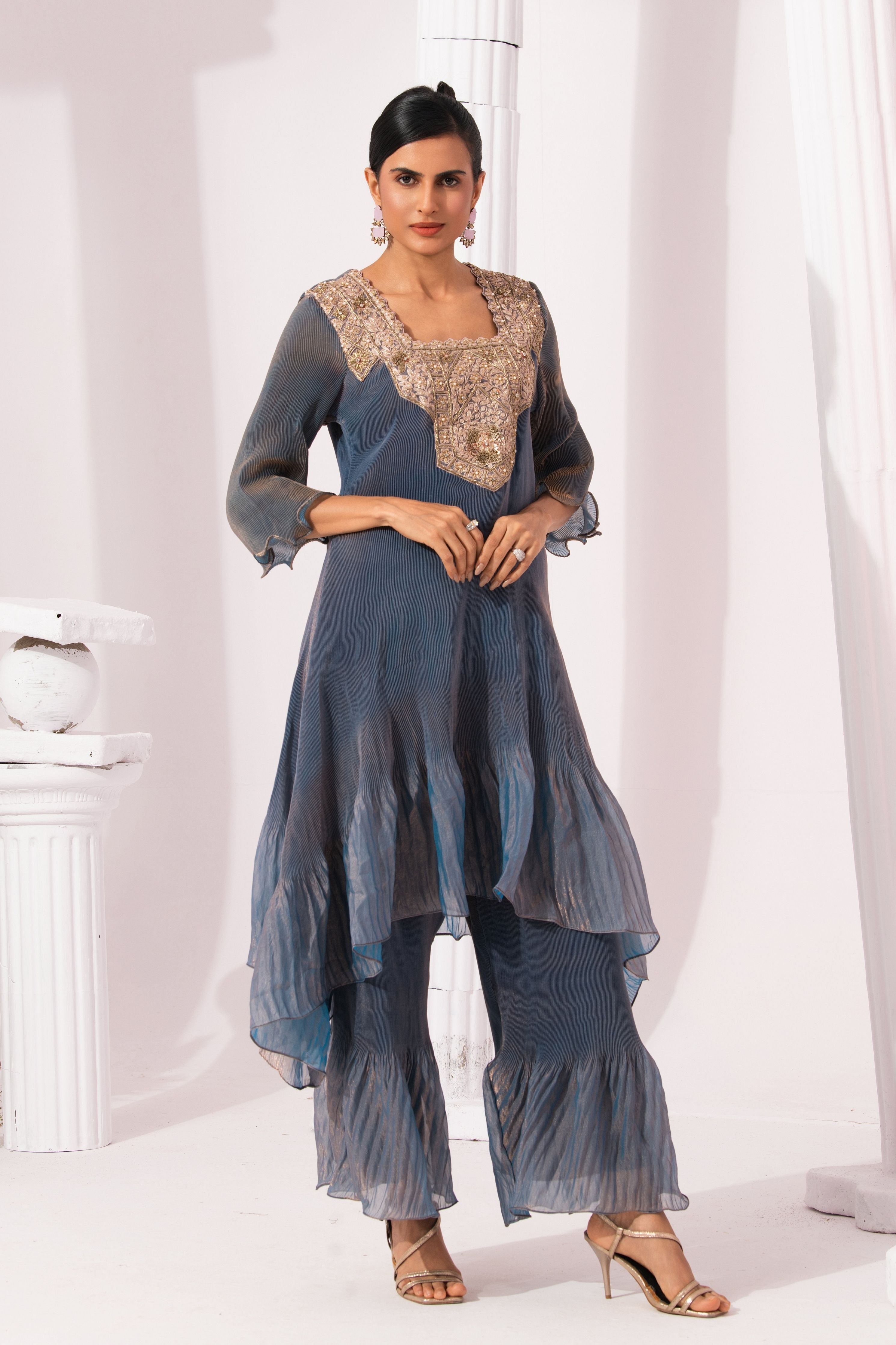 Metalic Steel Blue Square Neck Suit