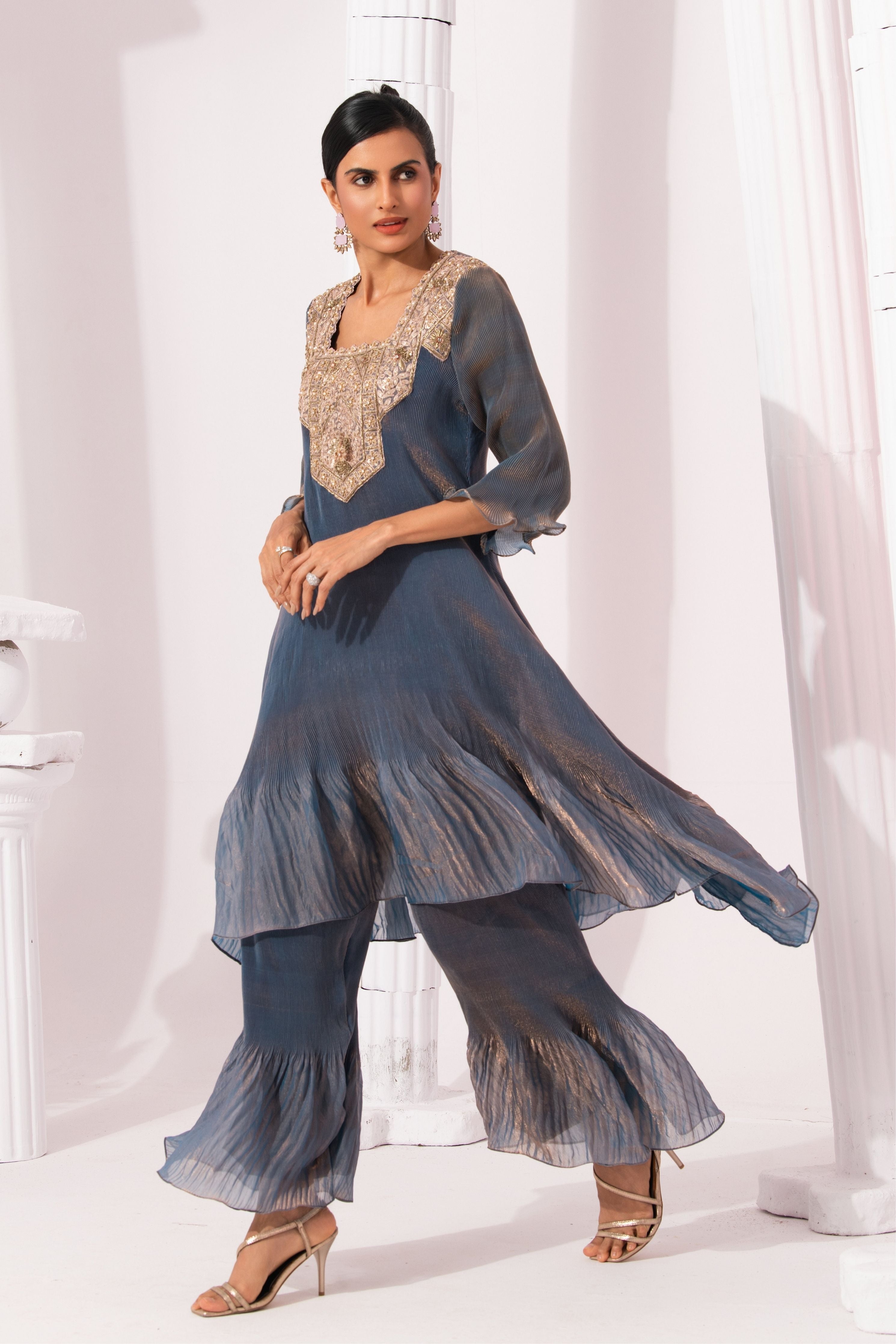 Metalic Steel Blue Square Neck Suit