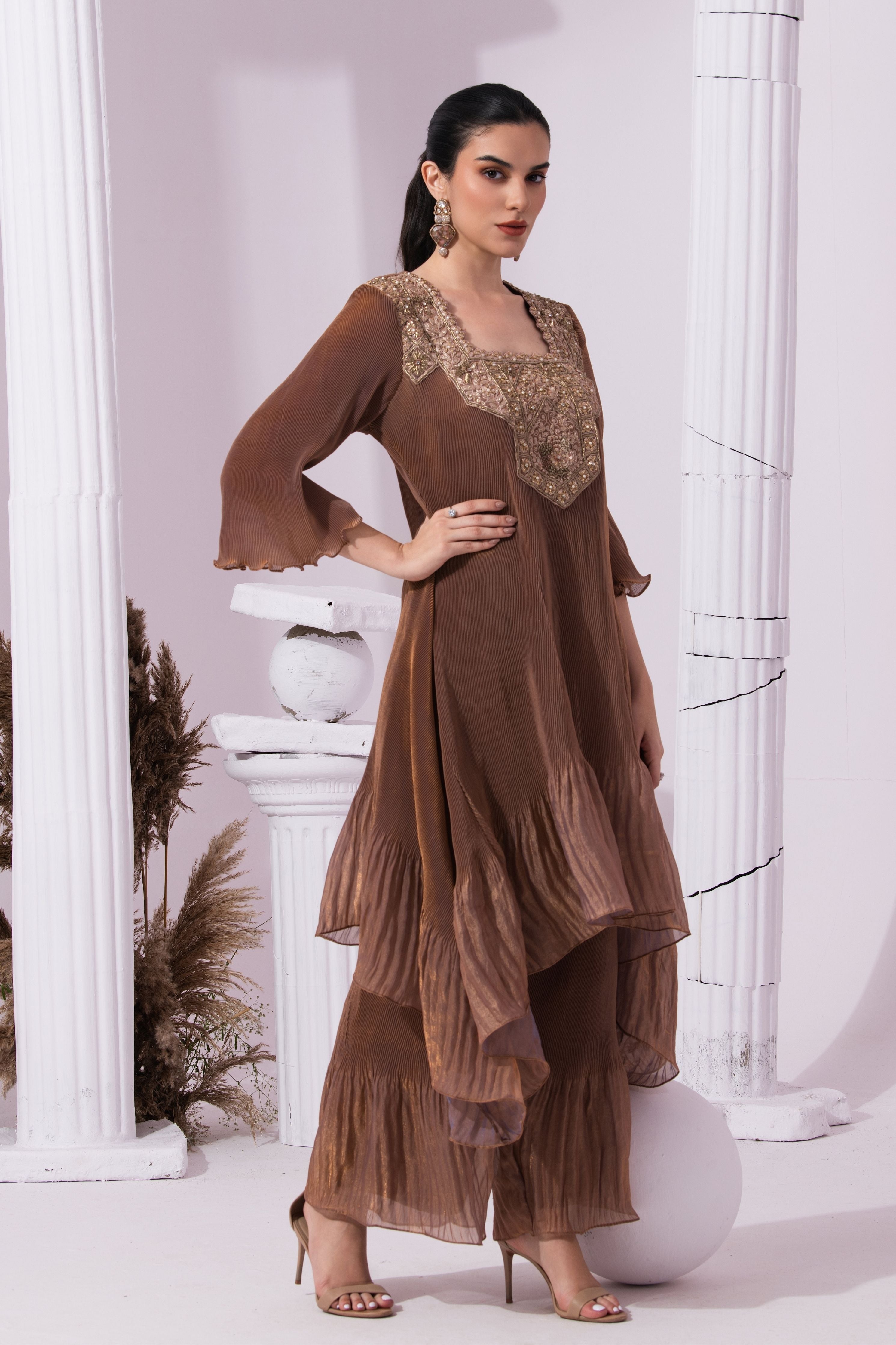 Metalic Chestnut Square Neck Suit