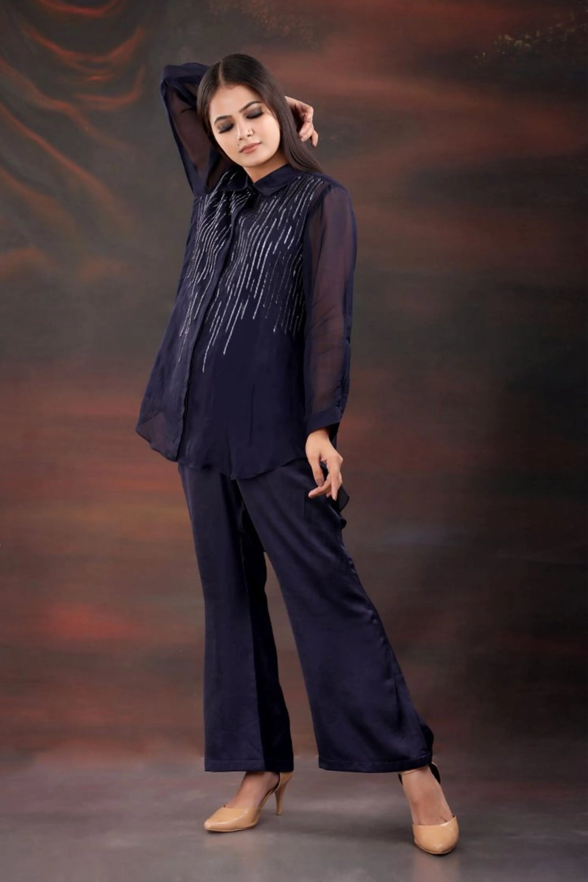 Navy Blue Collar Neck Co-Ord Set