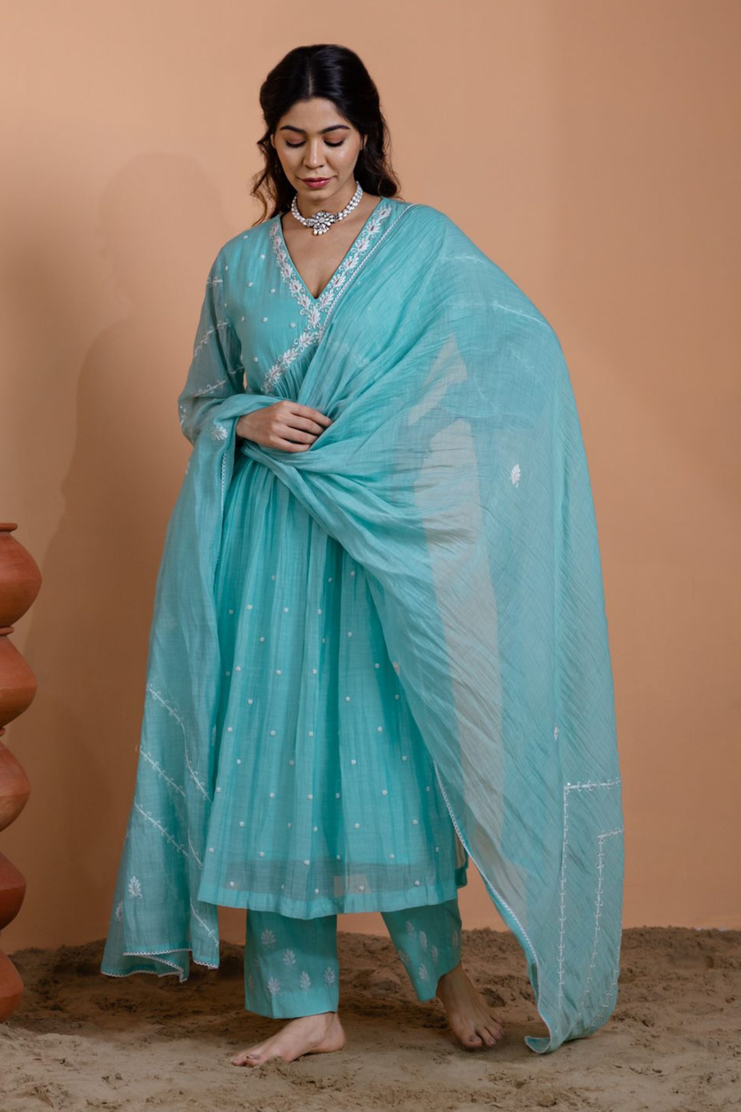 Aqua Blue Narrow Gathered Suit Set