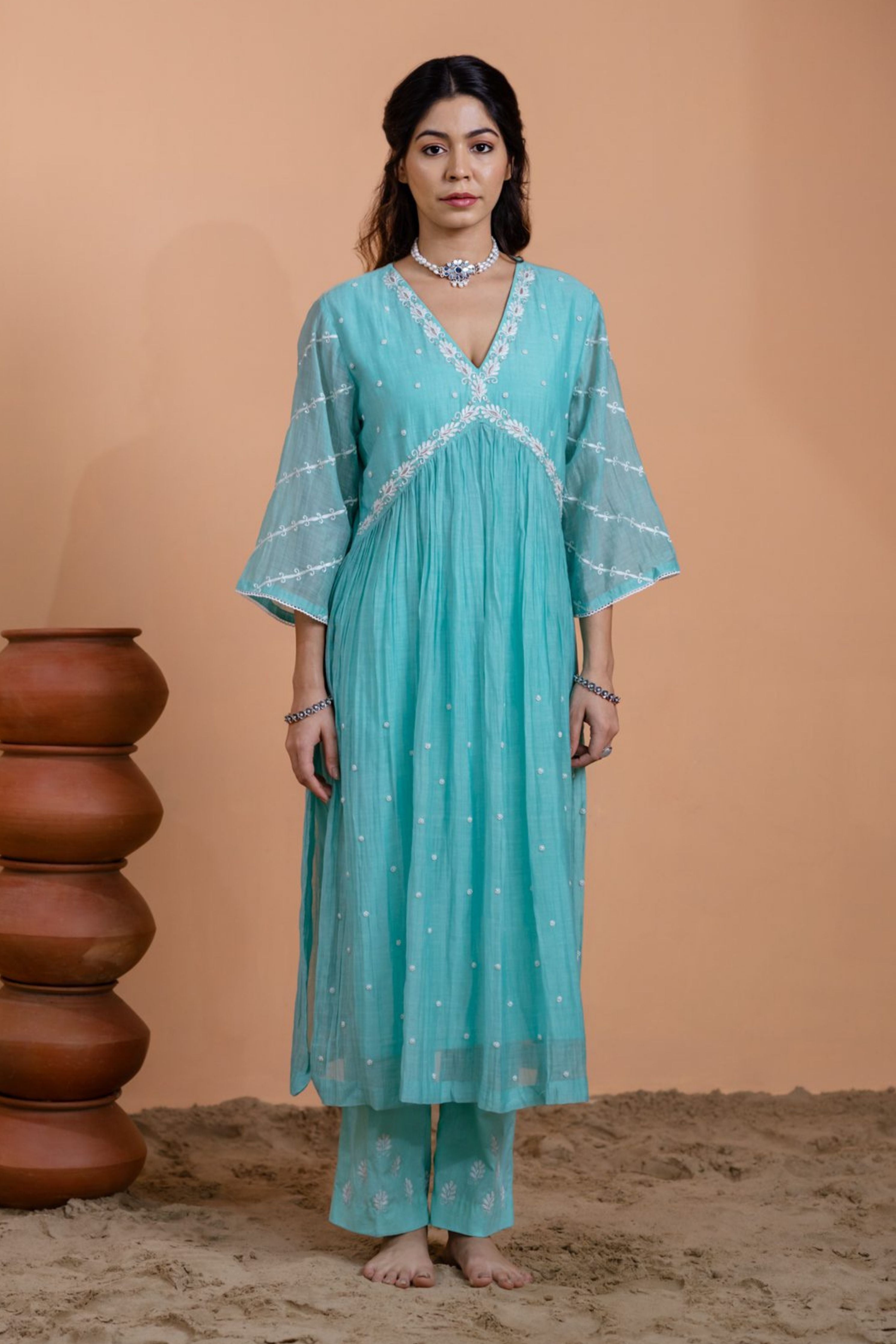 Aqua Blue Narrow Gathered Suit Set