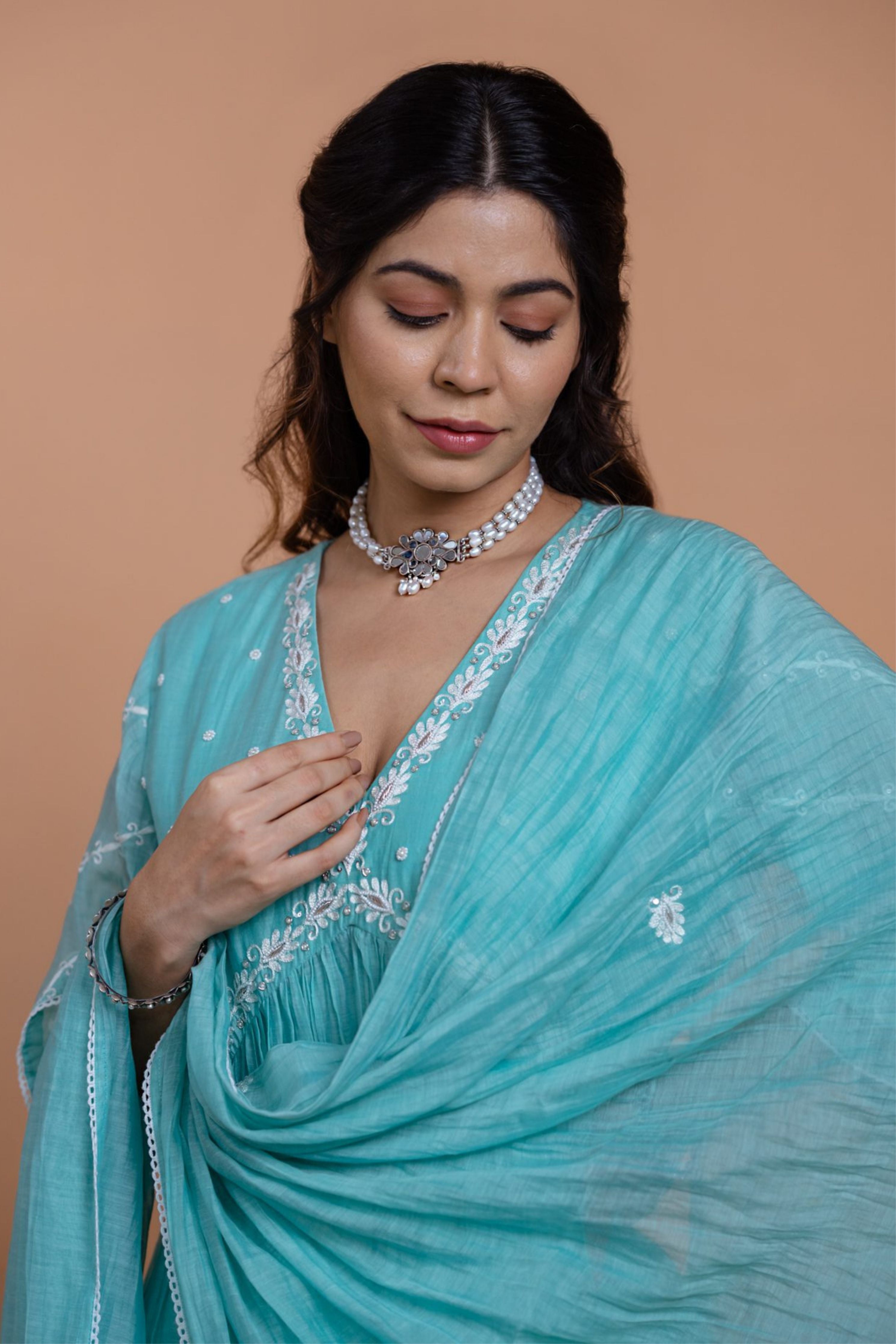 Aqua Blue Narrow Gathered Suit Set