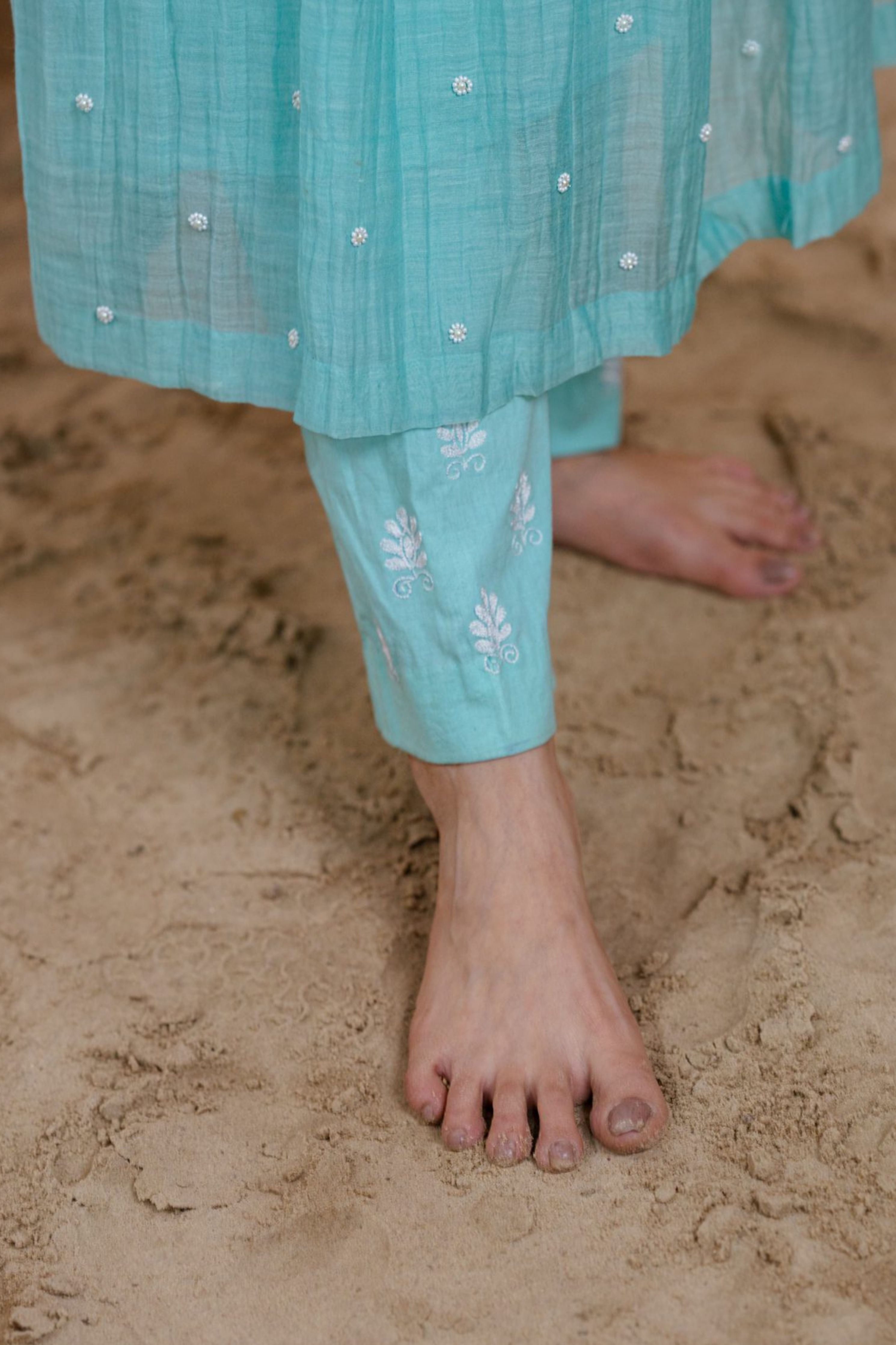 Aqua Blue Narrow Gathered Suit Set