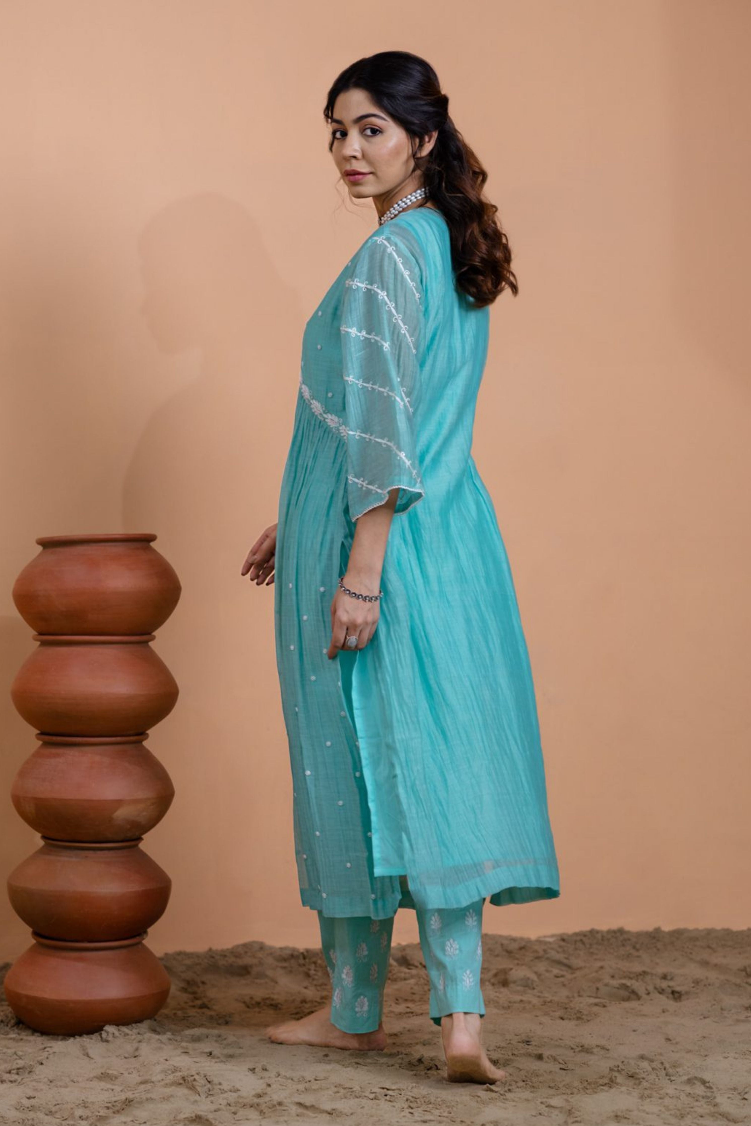 Aqua Blue Narrow Gathered Suit Set
