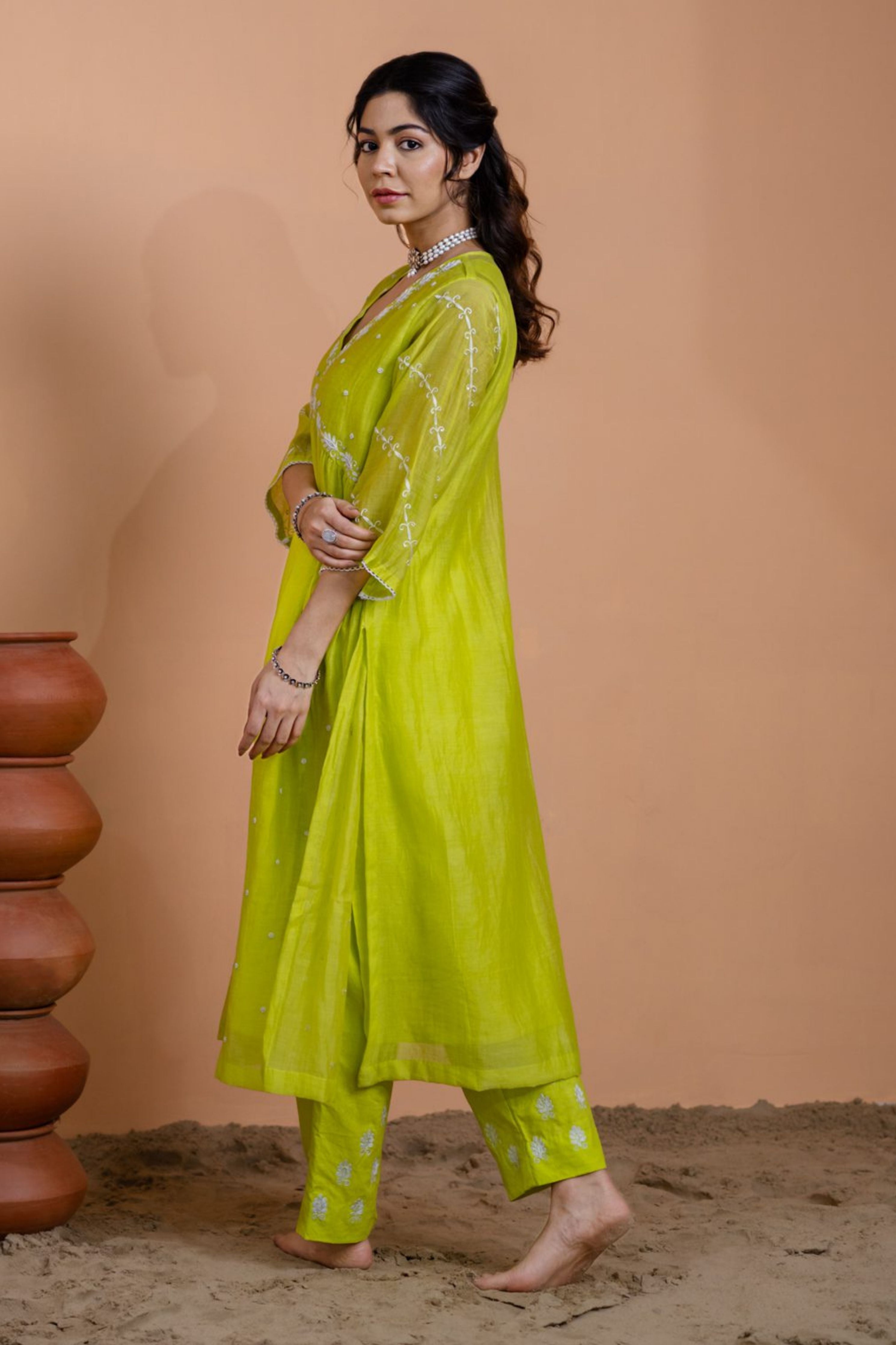 Neon Green Narrow Gathered Suit Set