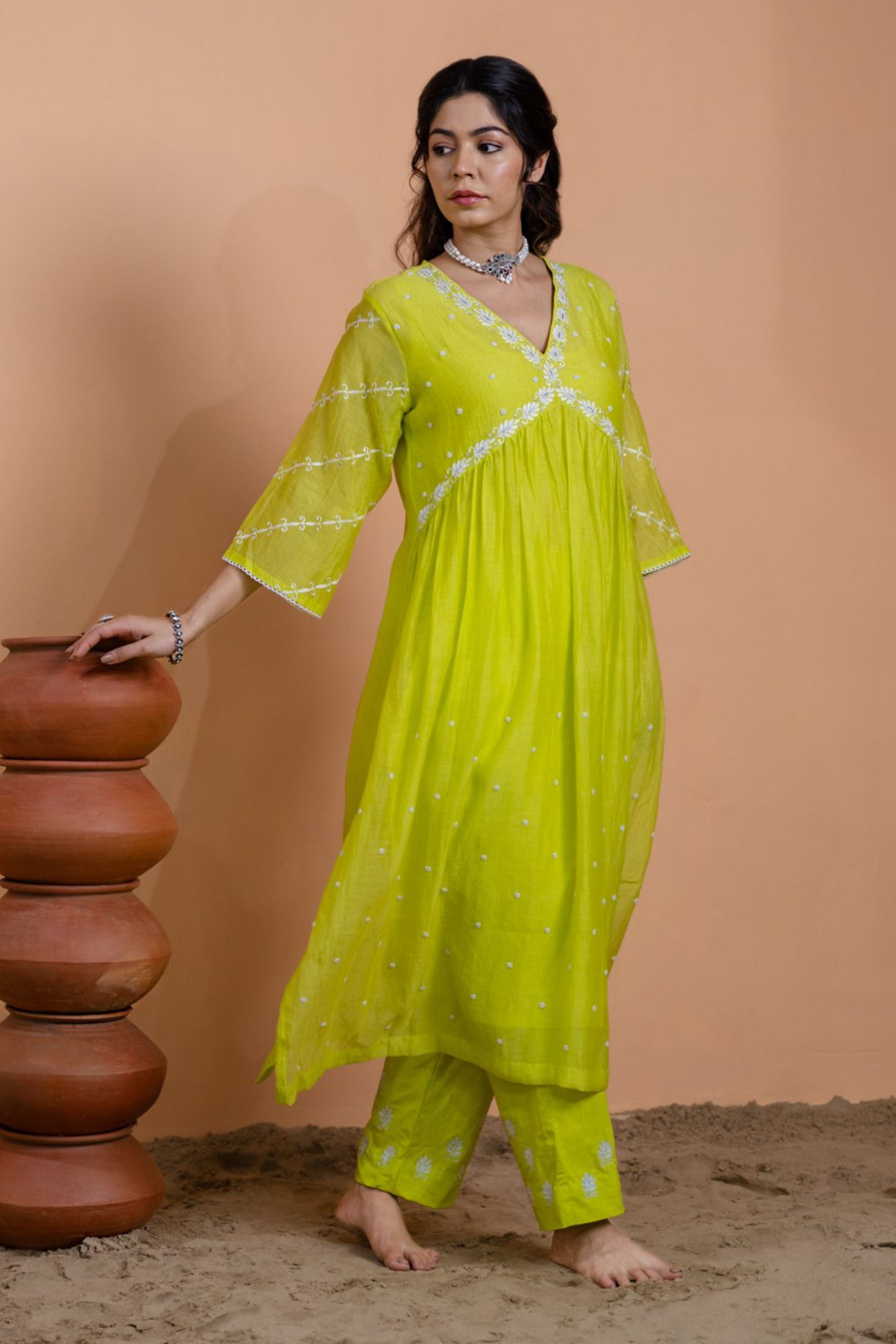 Neon Green Narrow Gathered Suit Set