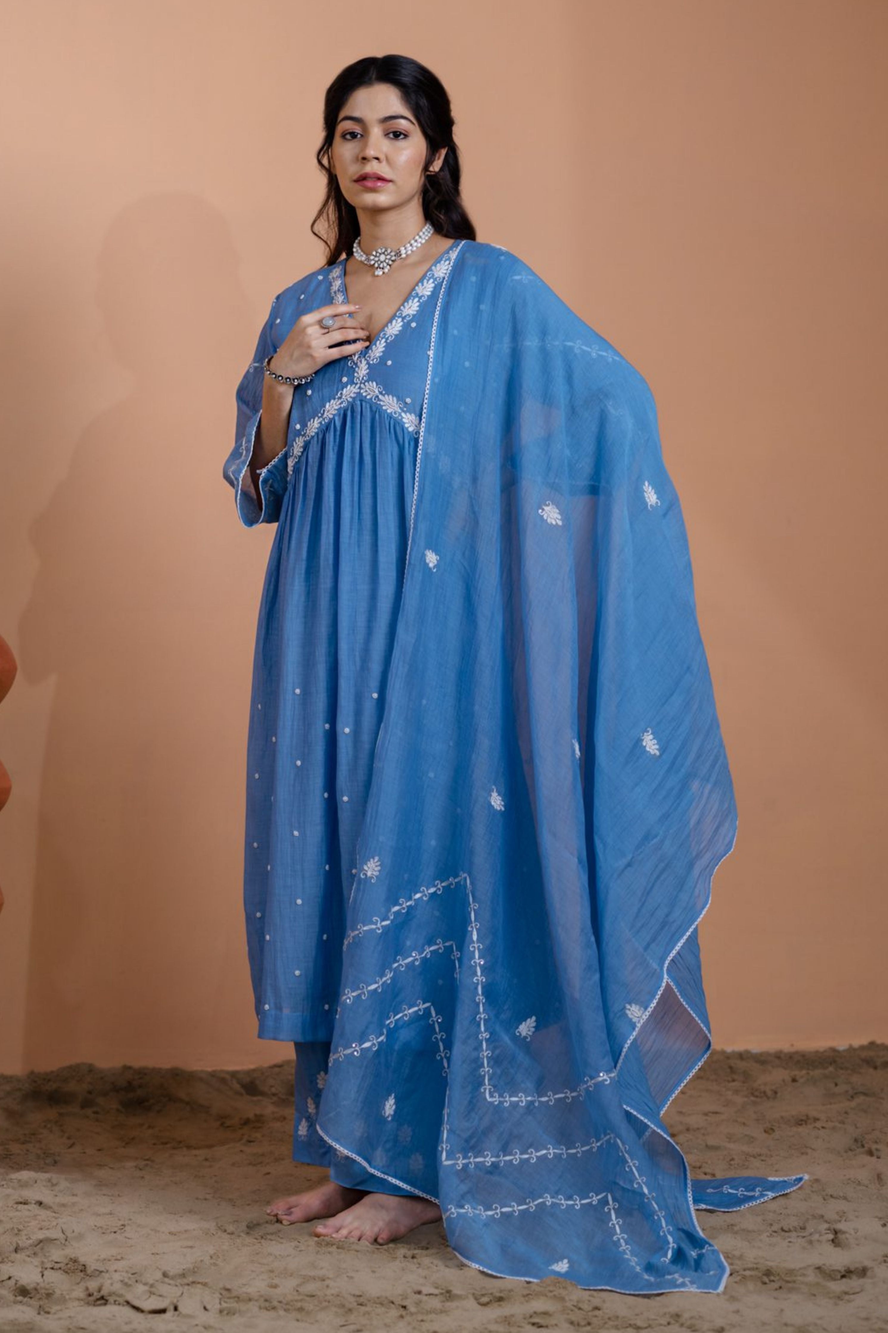 Teal Blue Narrow Gathered Suit Set
