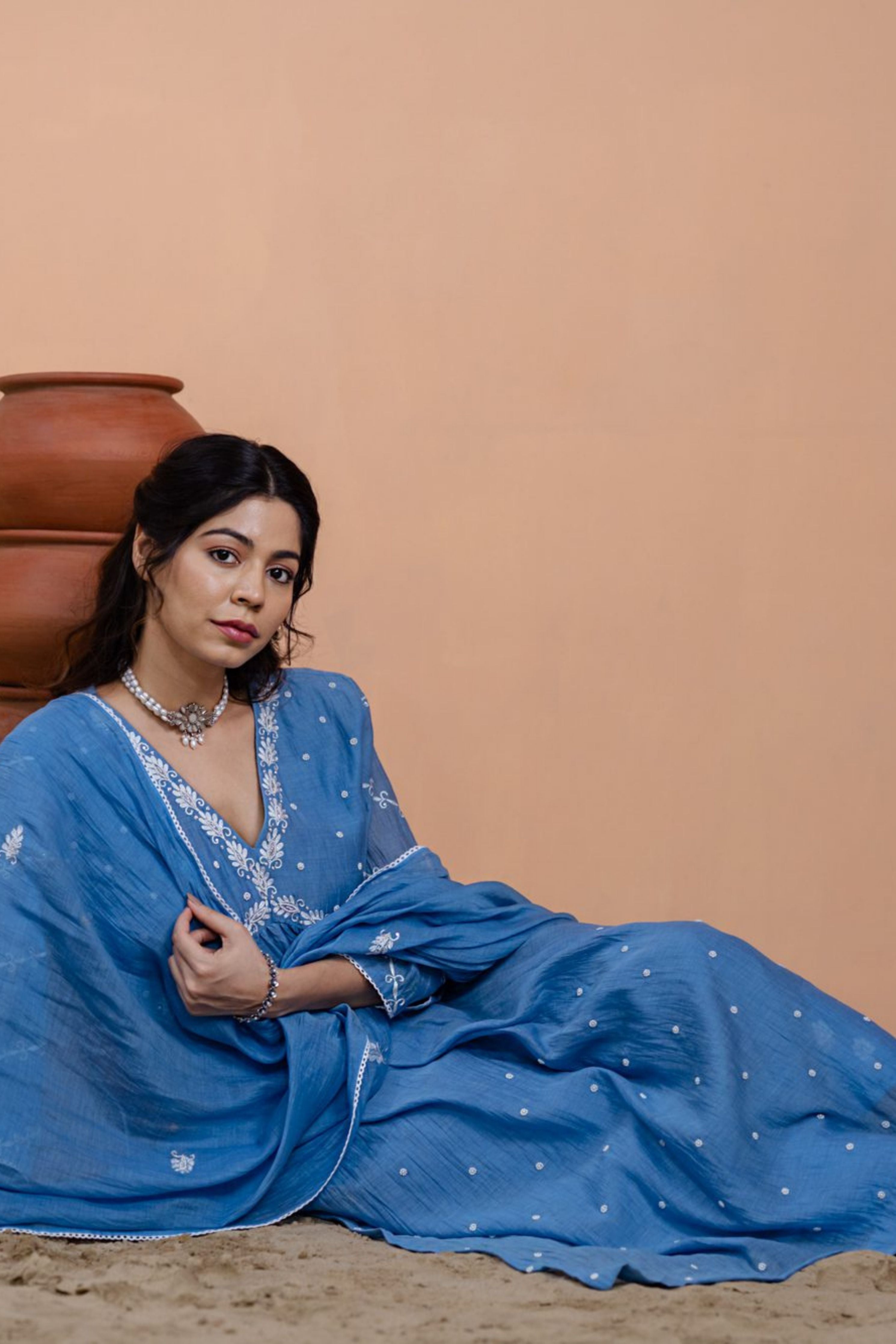 Teal Blue Narrow Gathered Suit Set