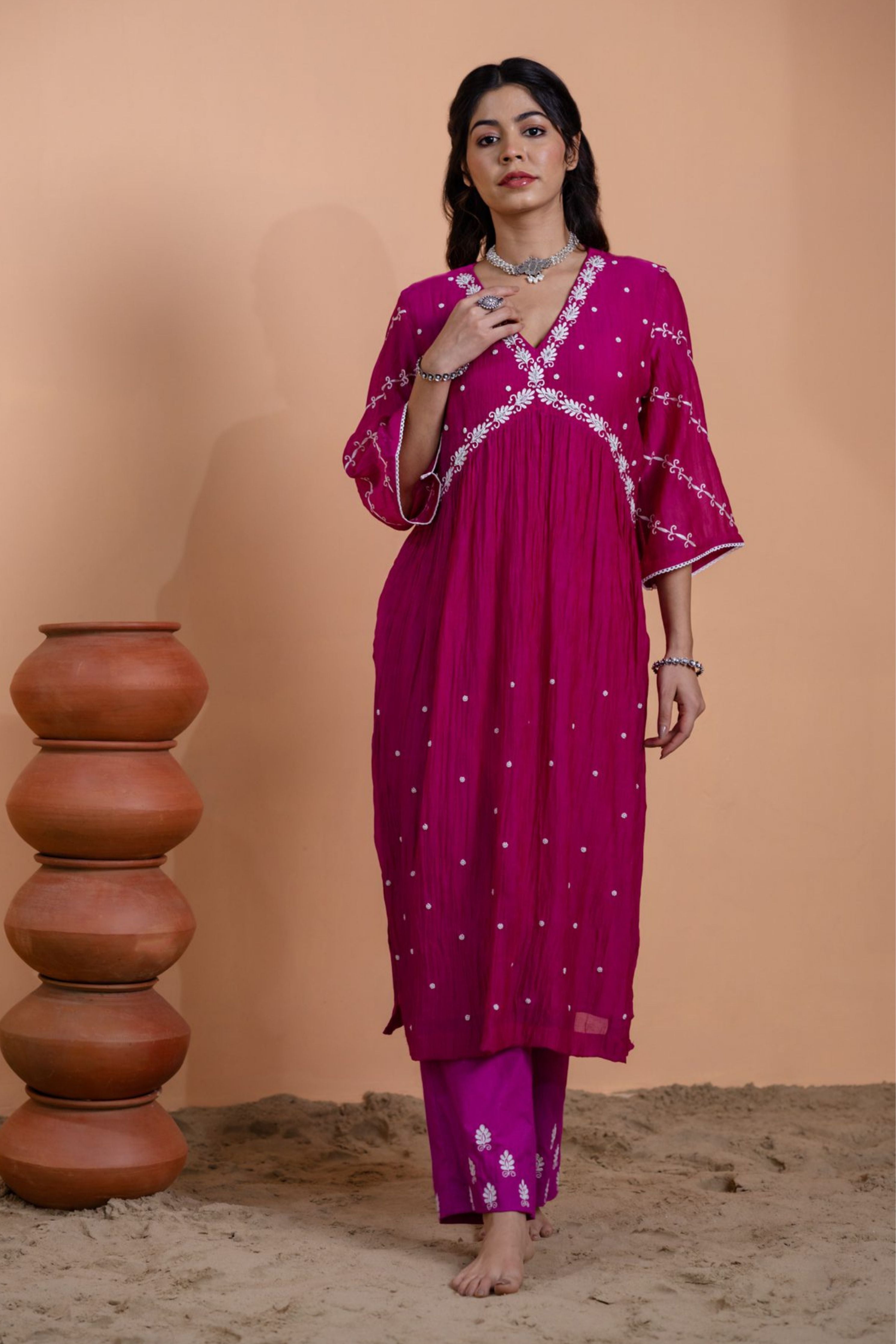 Pink Narrow Gathered Suit Set