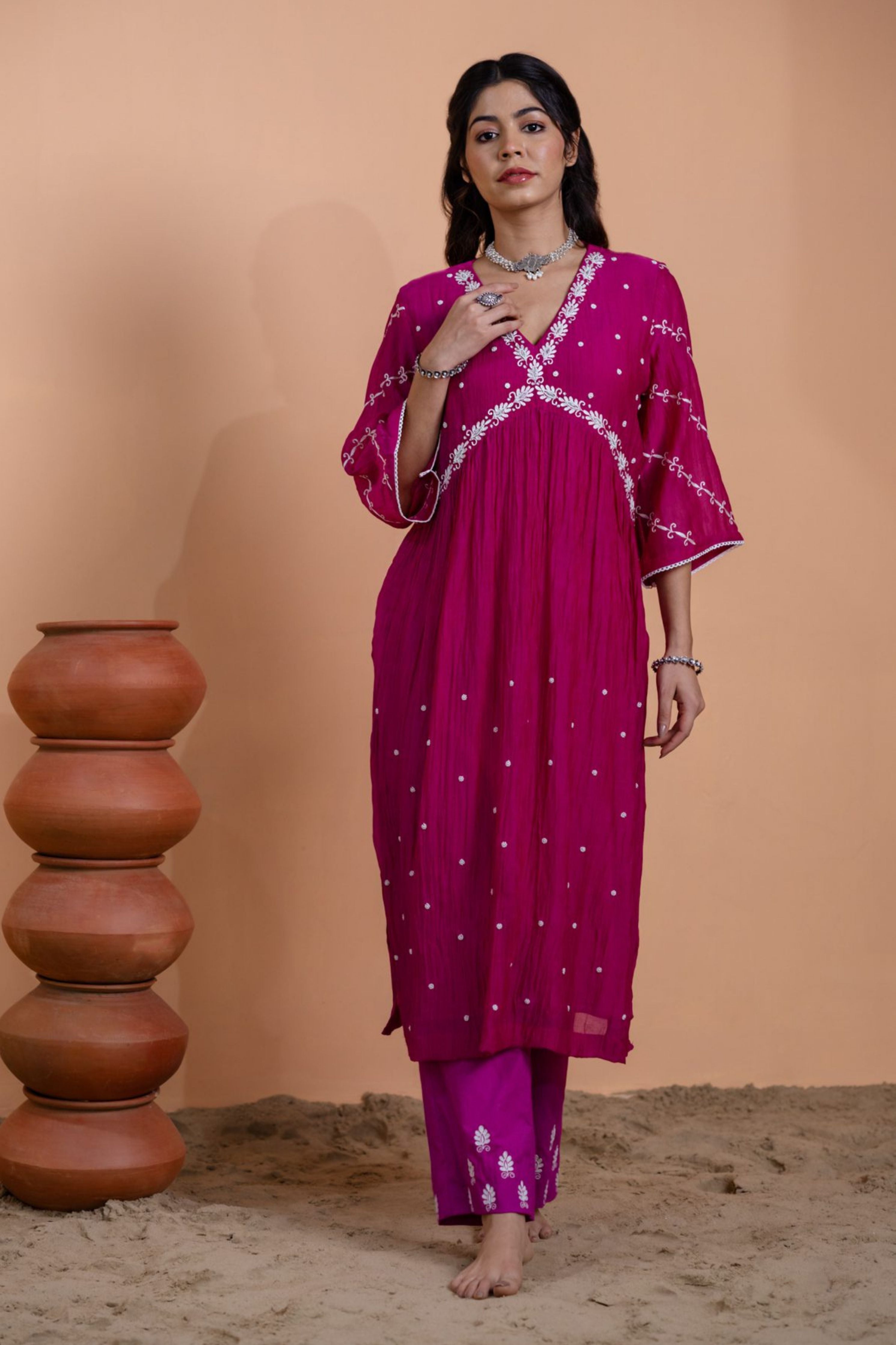 Pink Narrow Gathered Suit Set