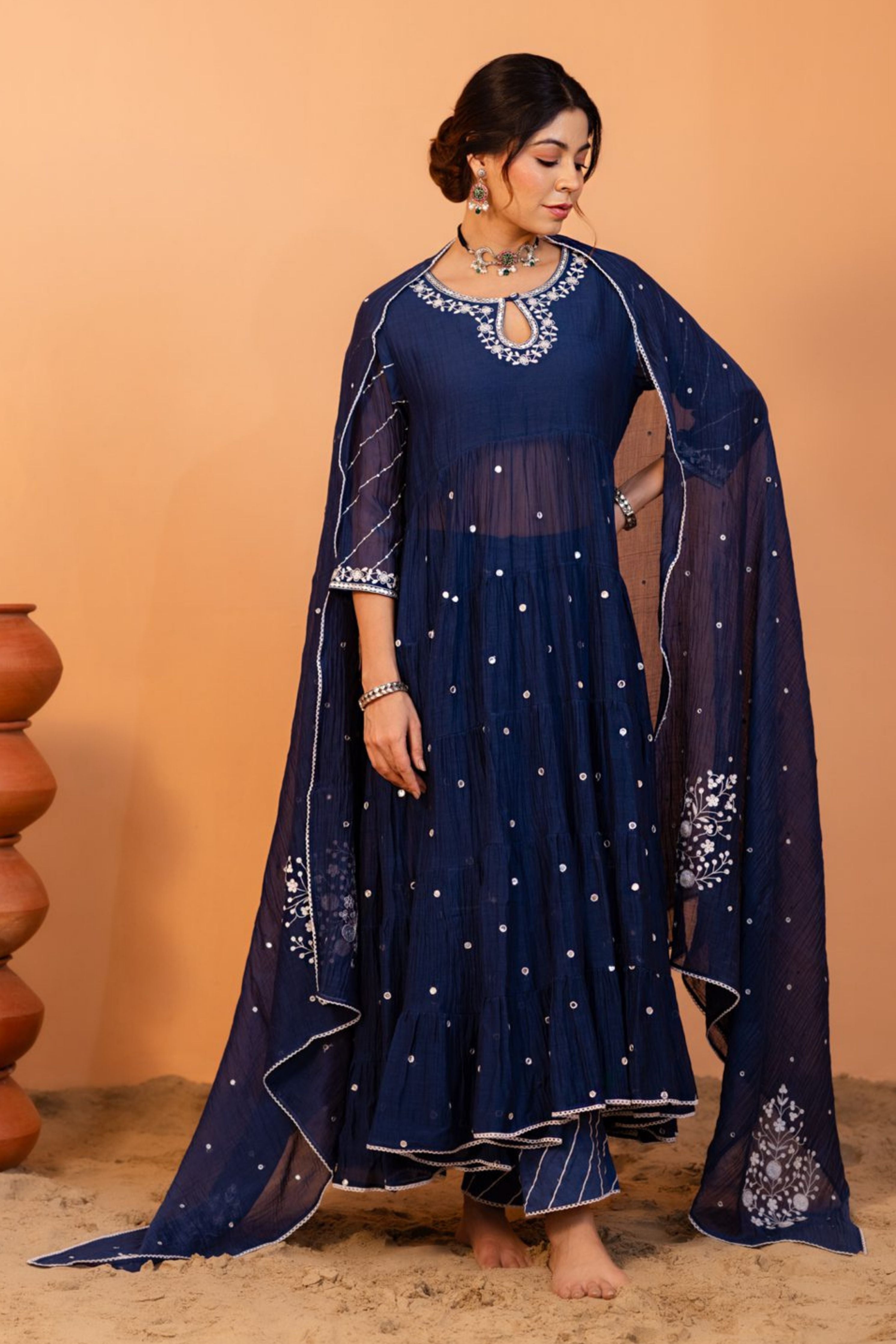 Mid Night Blue Tiered Anarkali Set