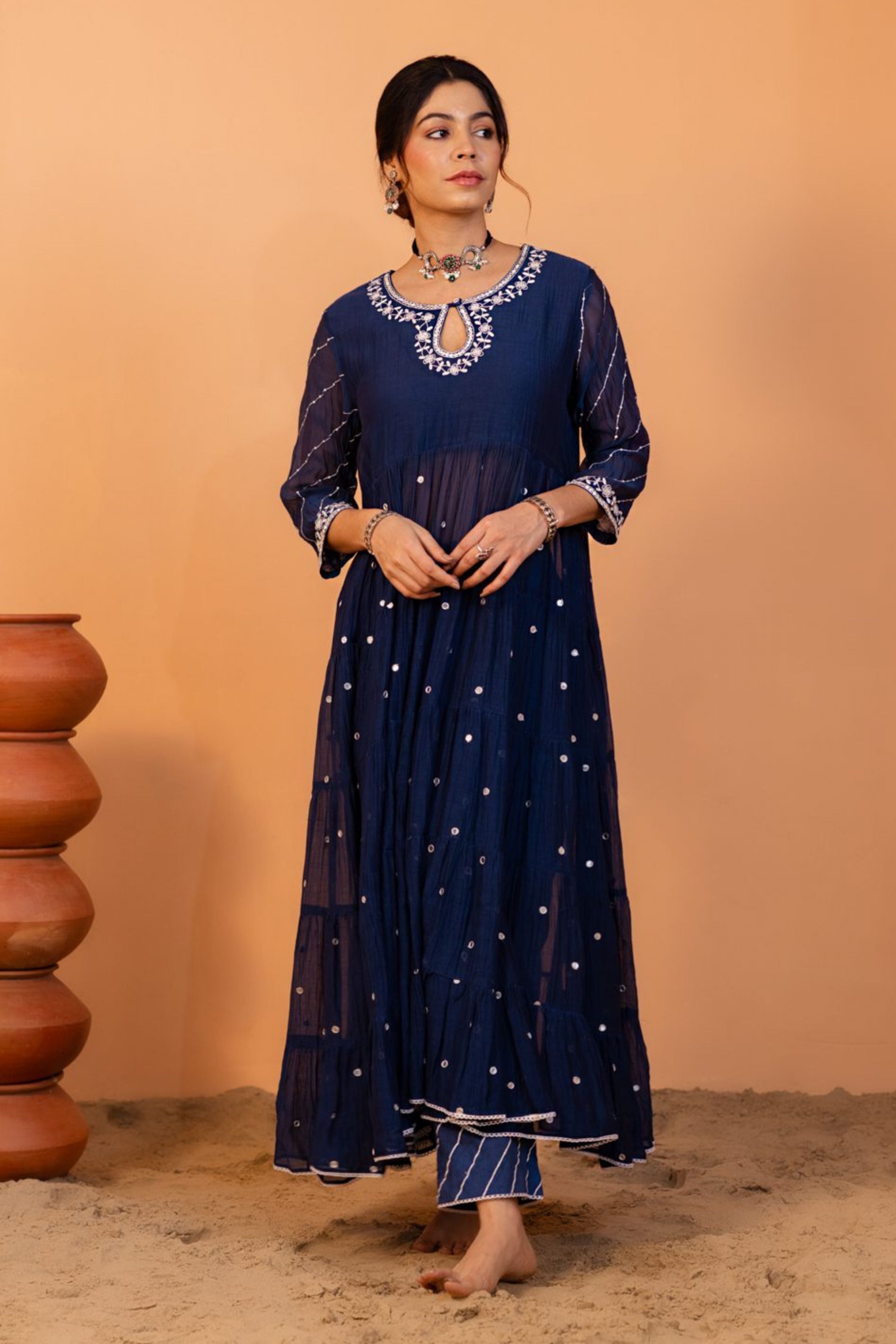 Mid Night Blue Tiered Anarkali Set
