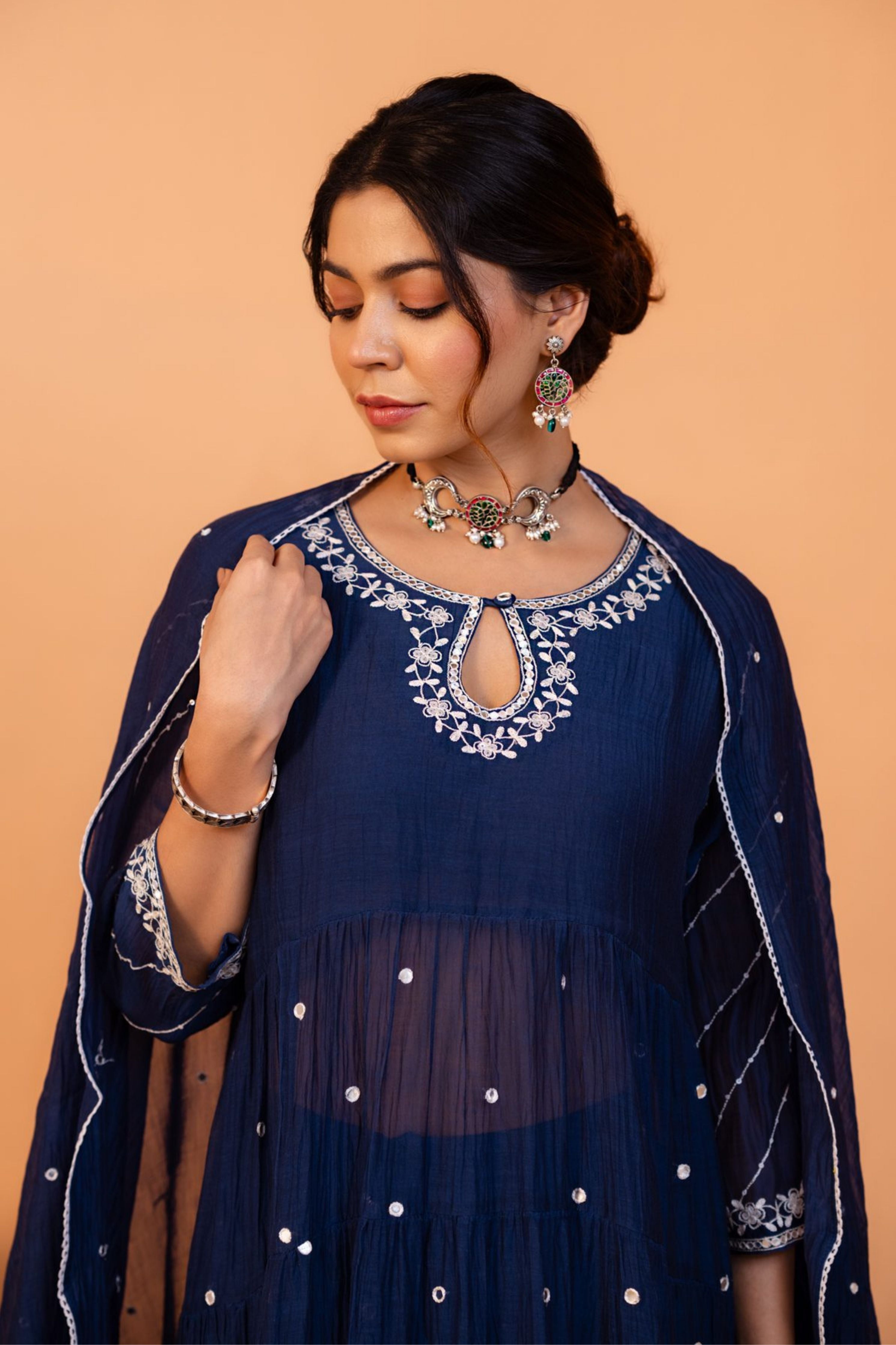 Mid Night Blue Tiered Anarkali Set