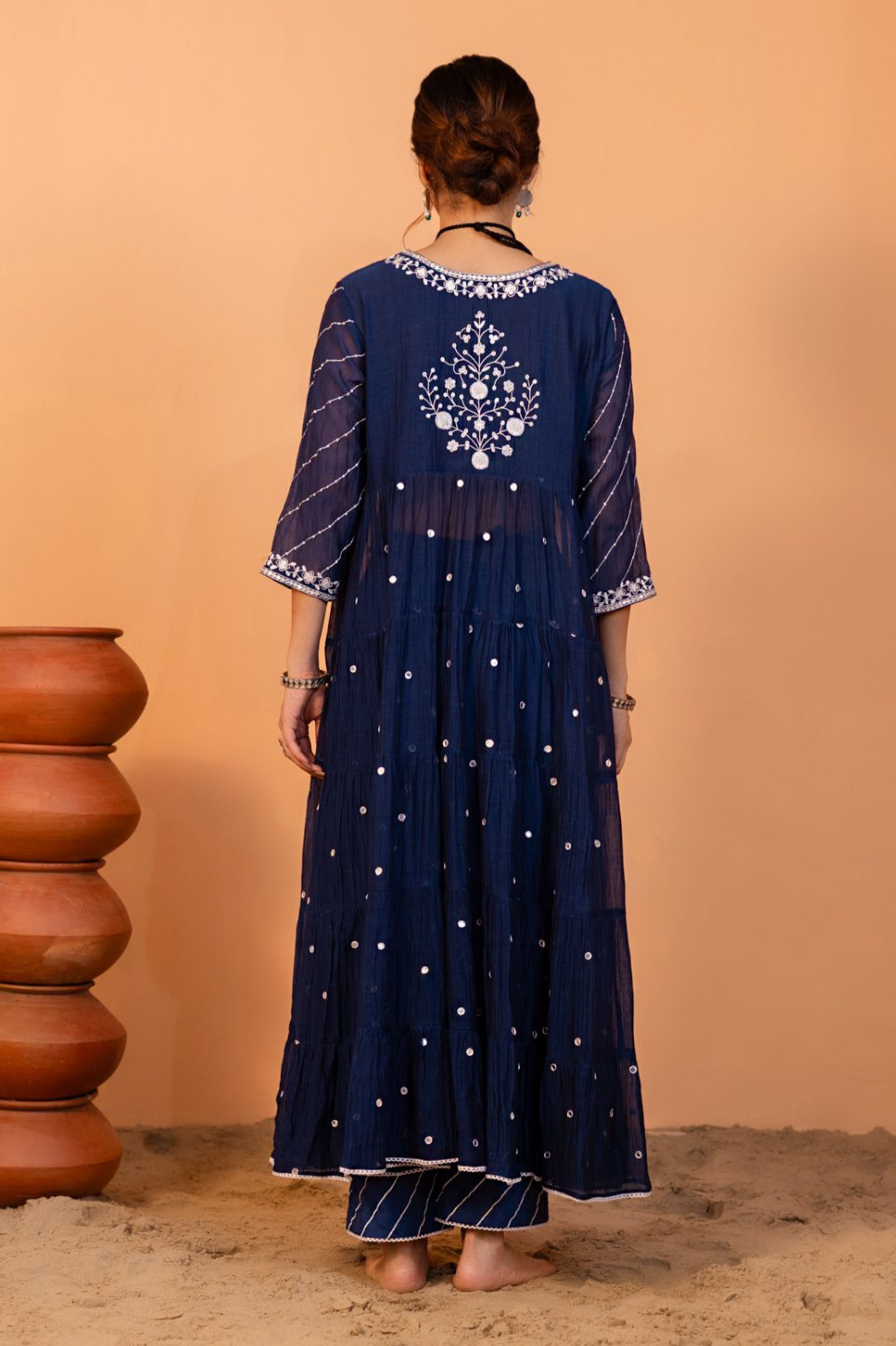 Mid Night Blue Tiered Anarkali Set