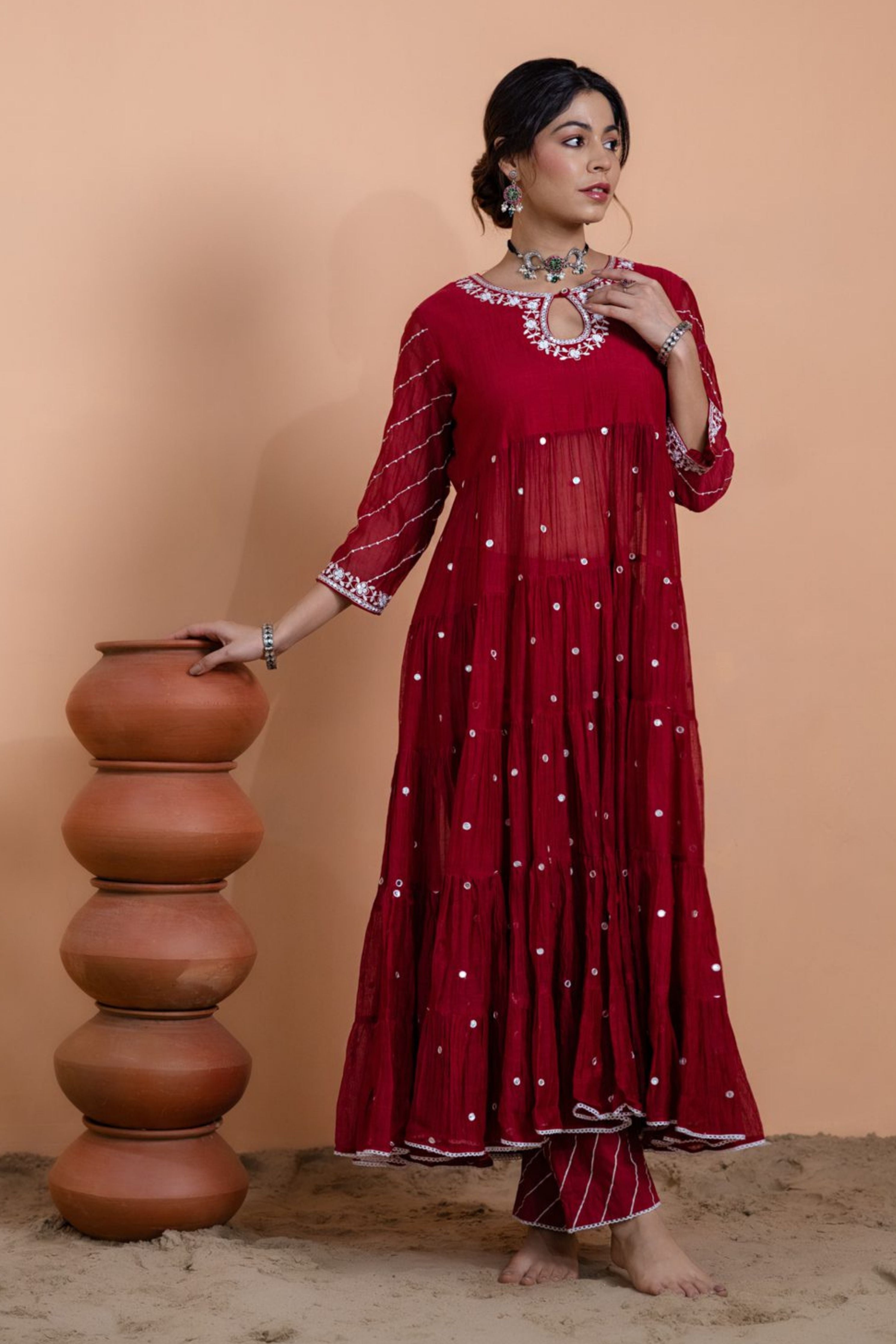 Maroon Tiered Anarkali Set