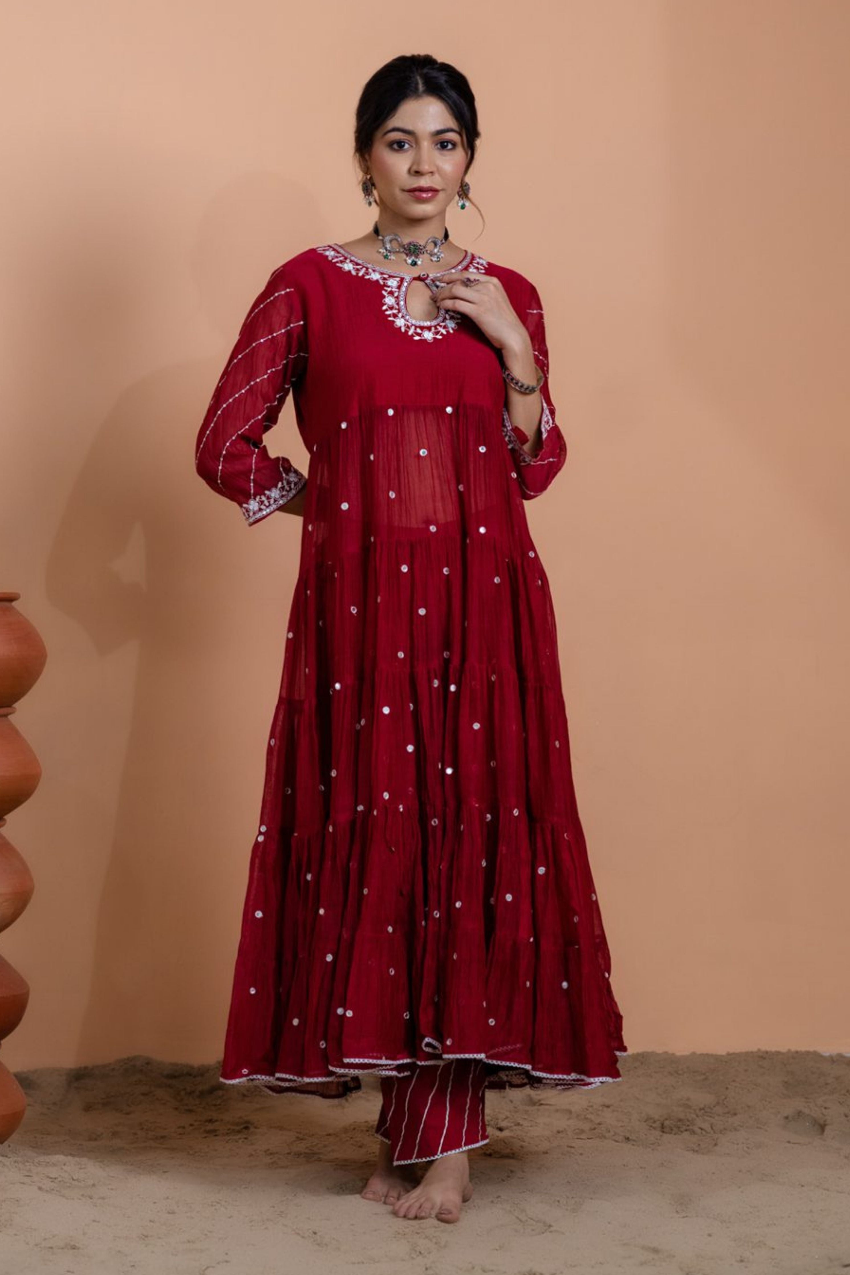 Maroon Tiered Anarkali Set