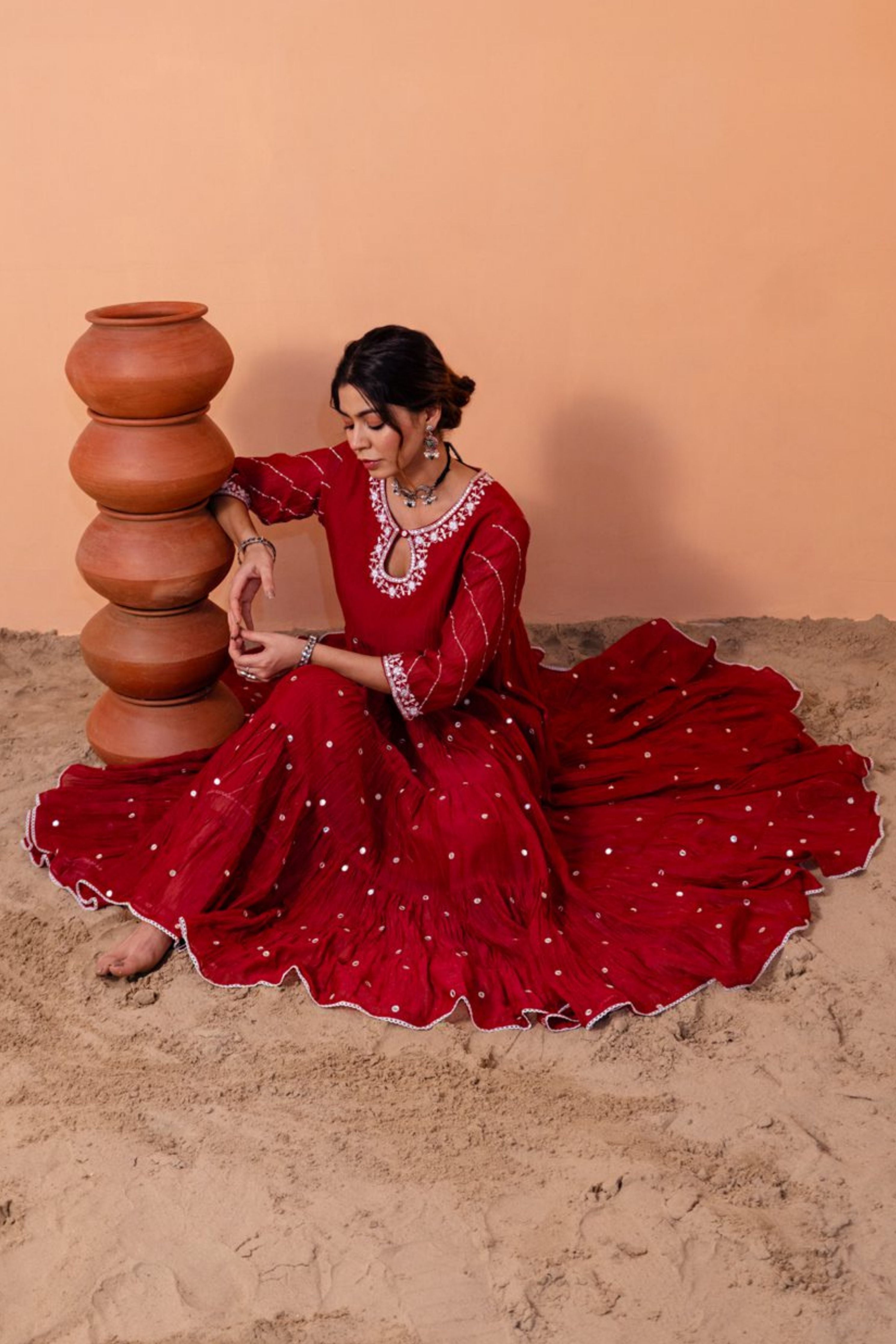 Maroon Tiered Anarkali Set