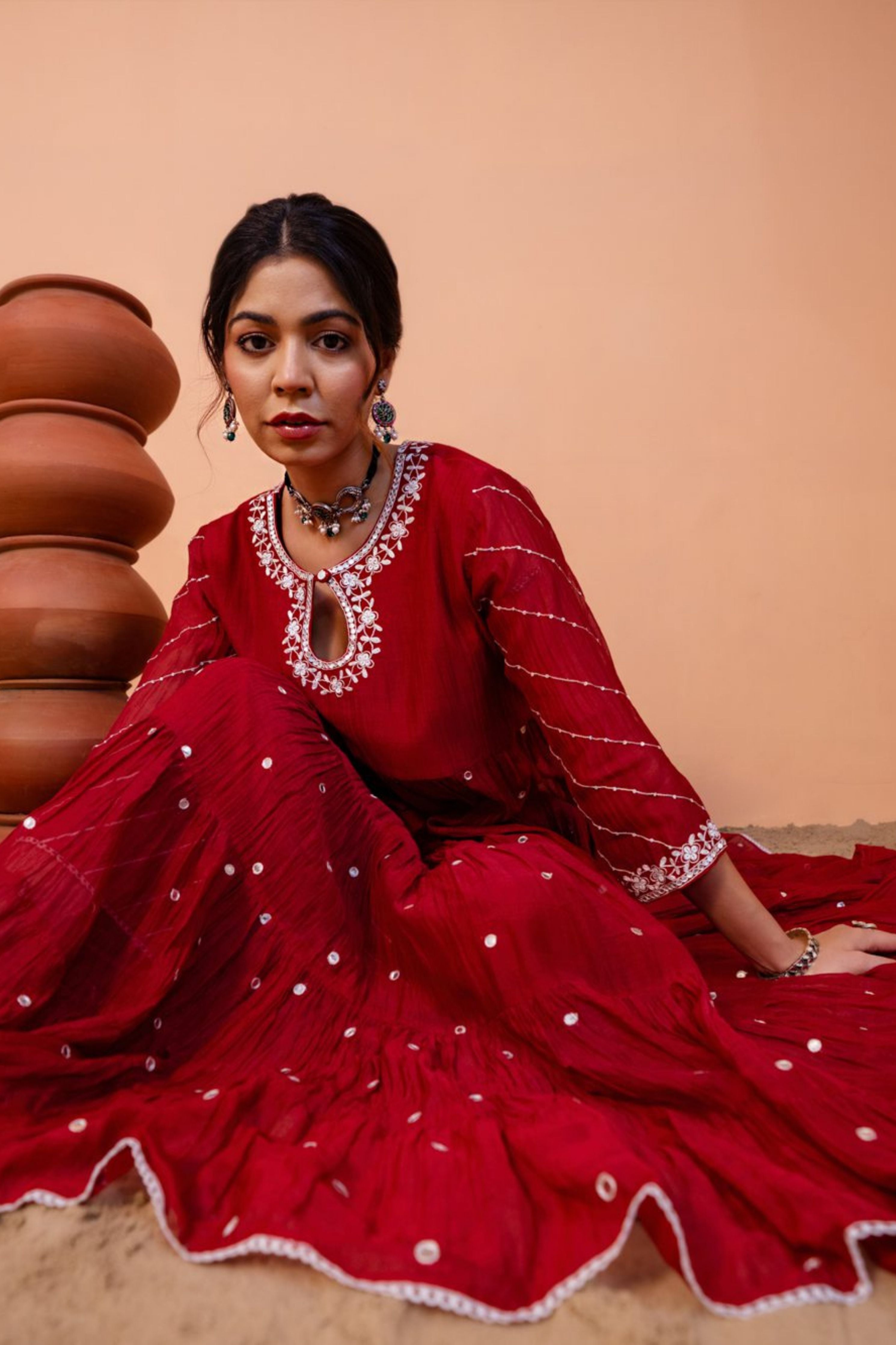 Maroon Tiered Anarkali Set