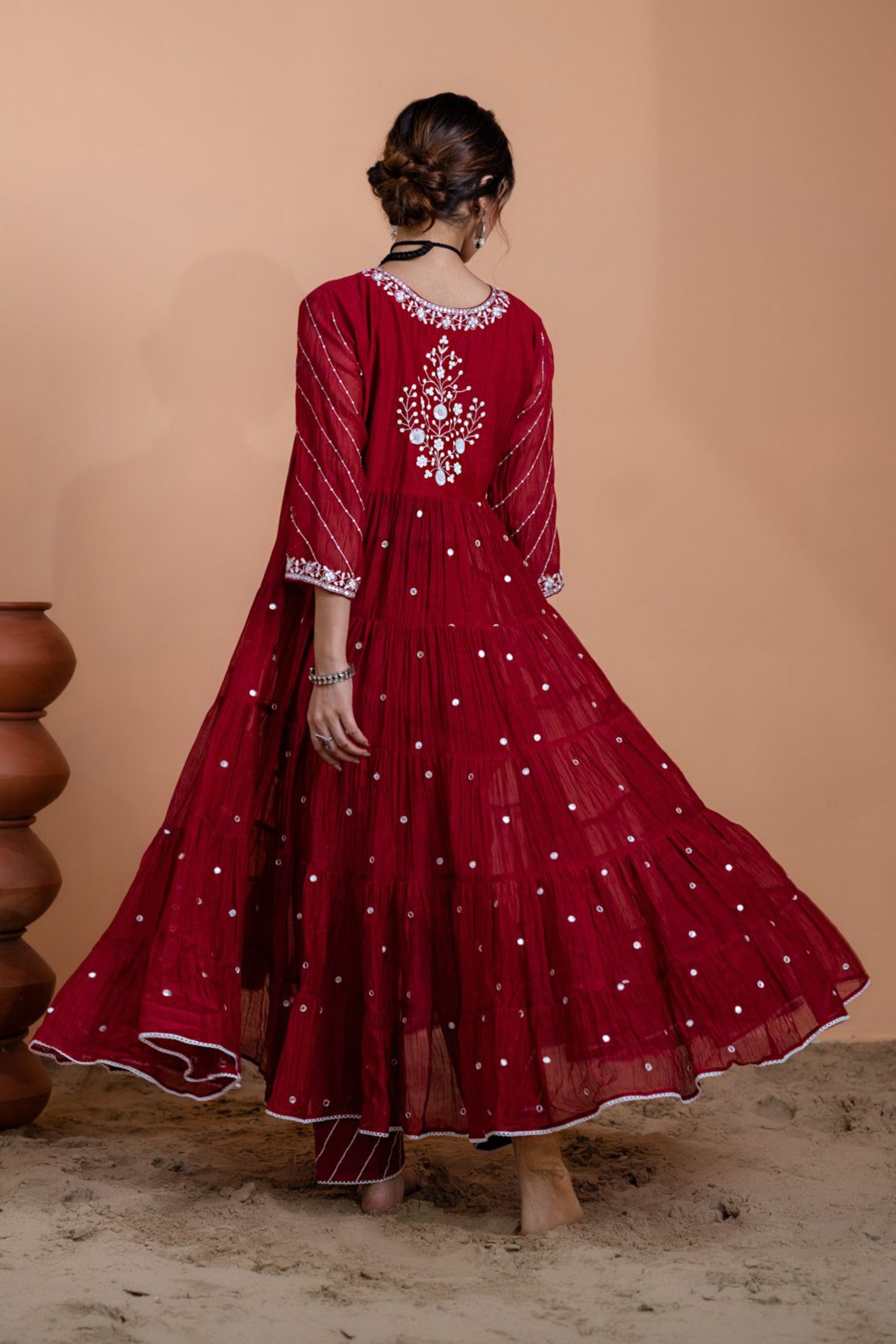 Maroon Tiered Anarkali Set