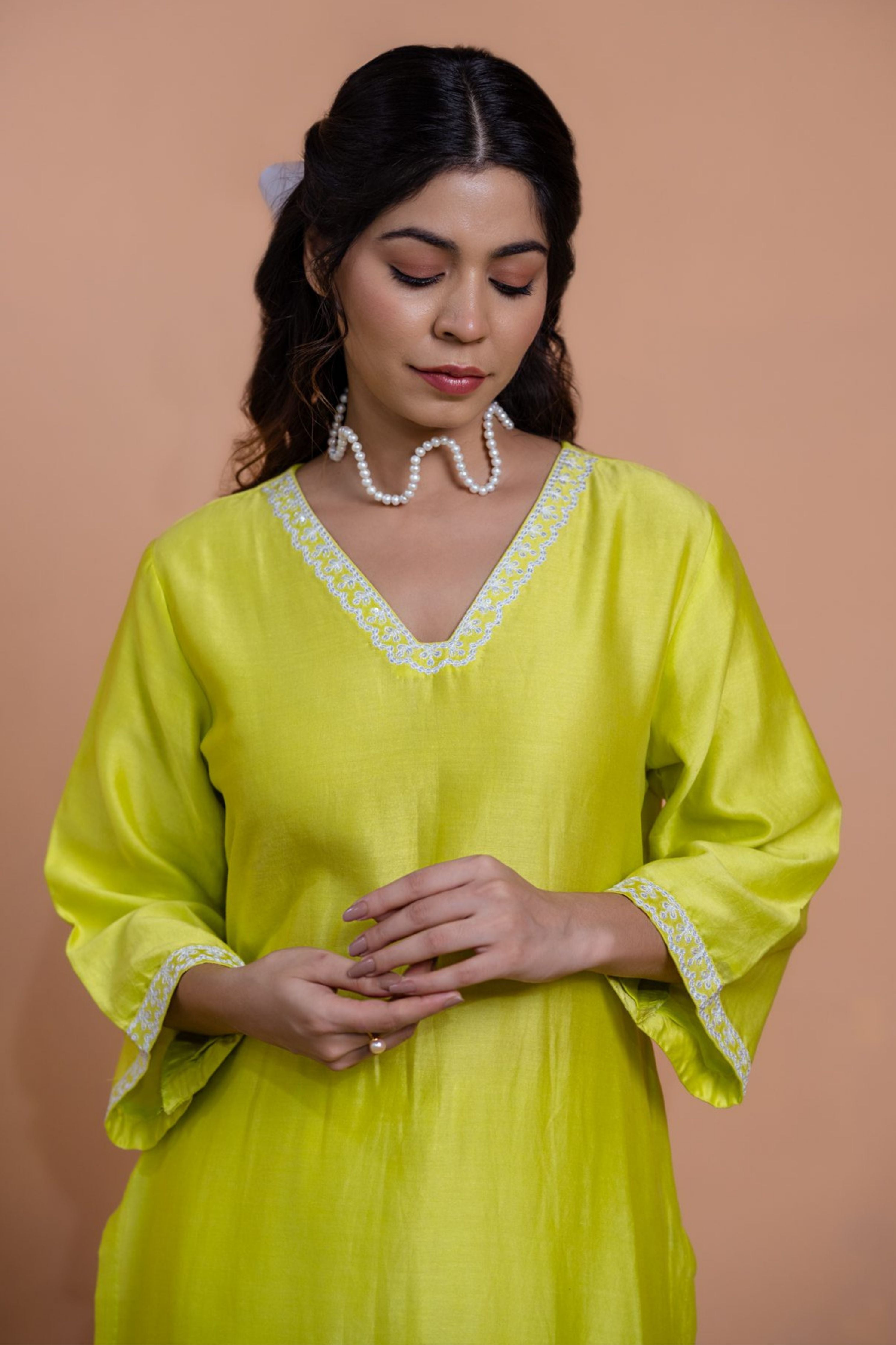 Neon Green Floral Motif Suit Set