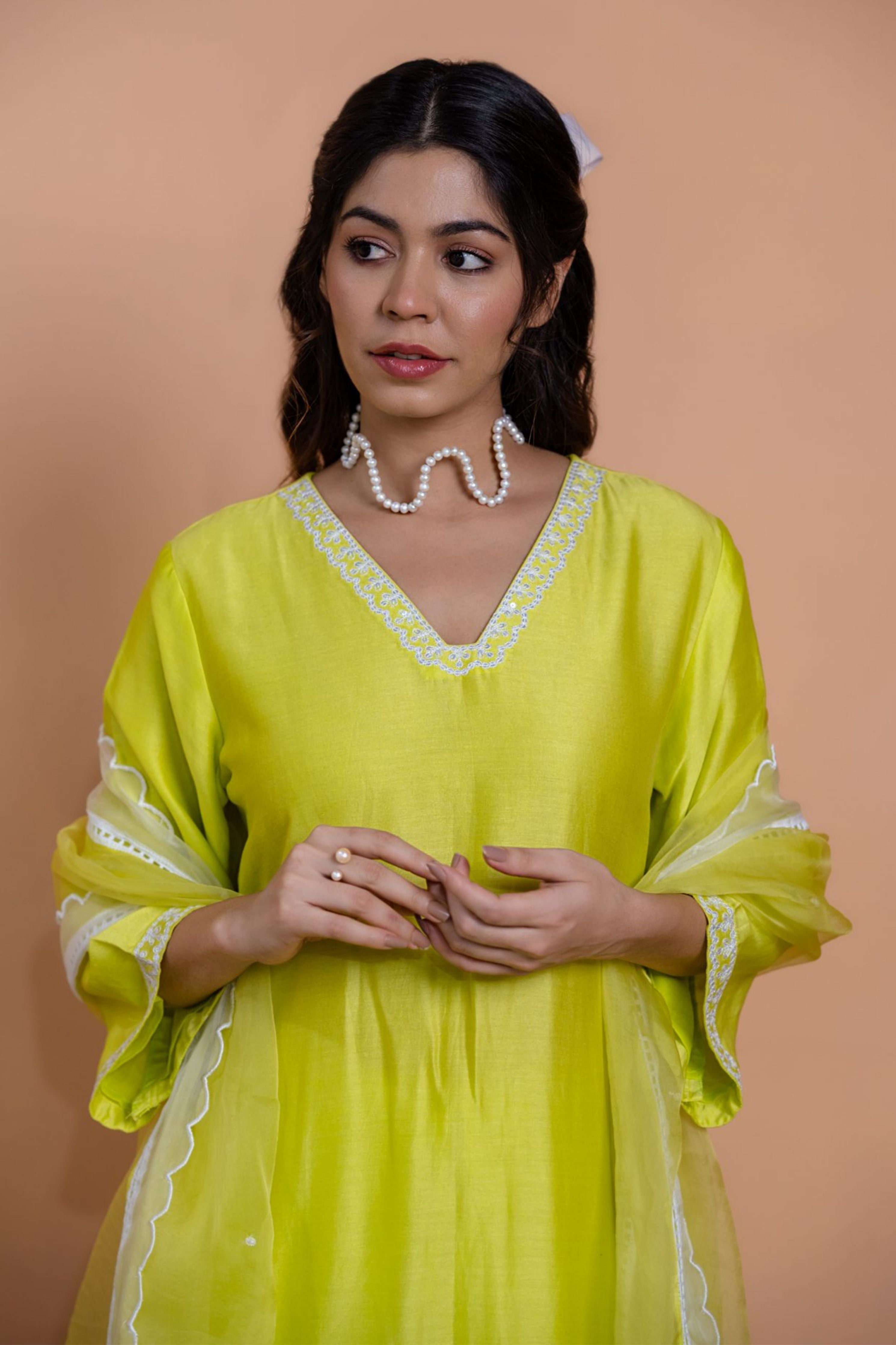 Neon Green Floral Motif Suit Set