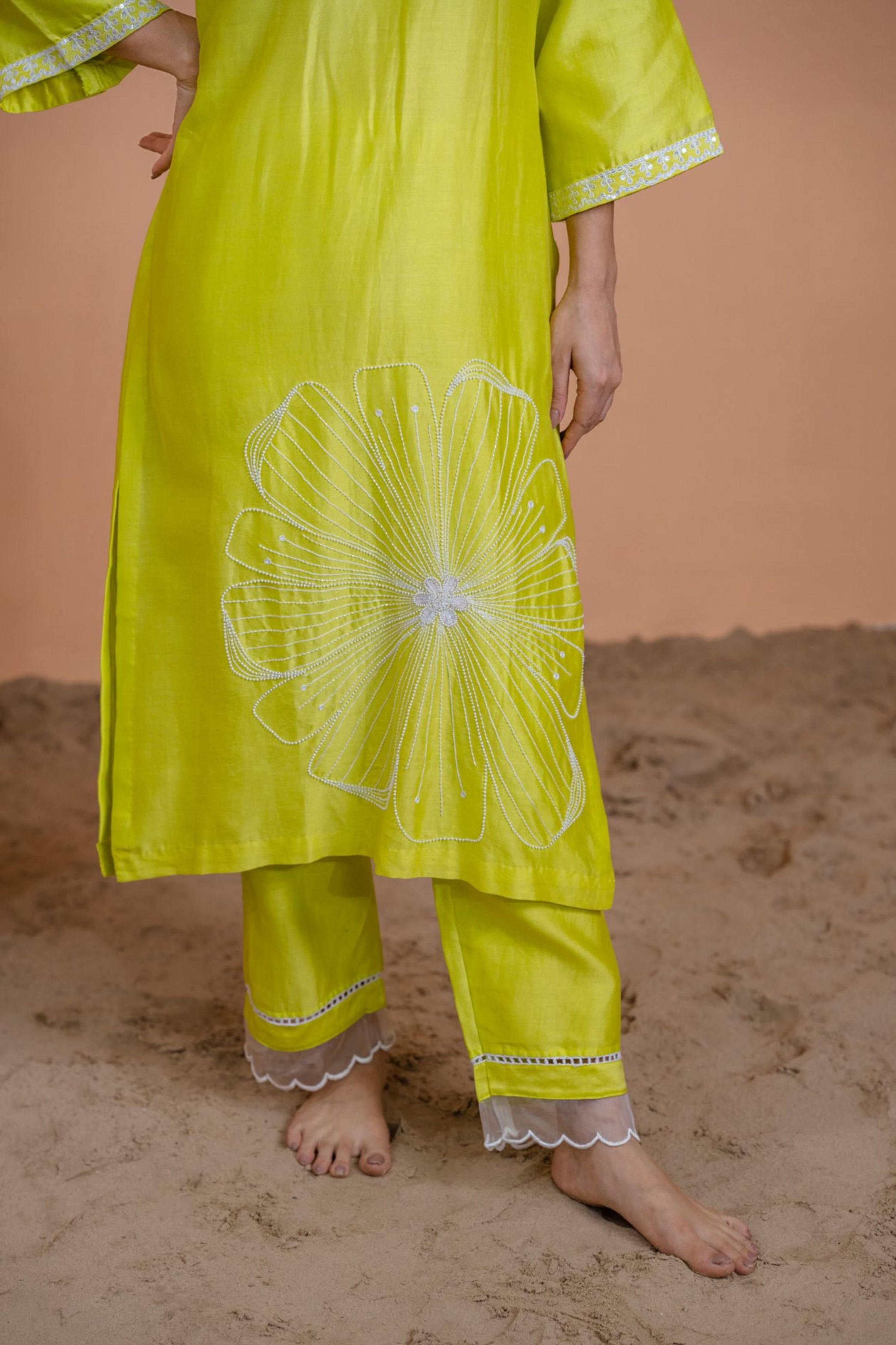 Neon Green Floral Motif Suit Set