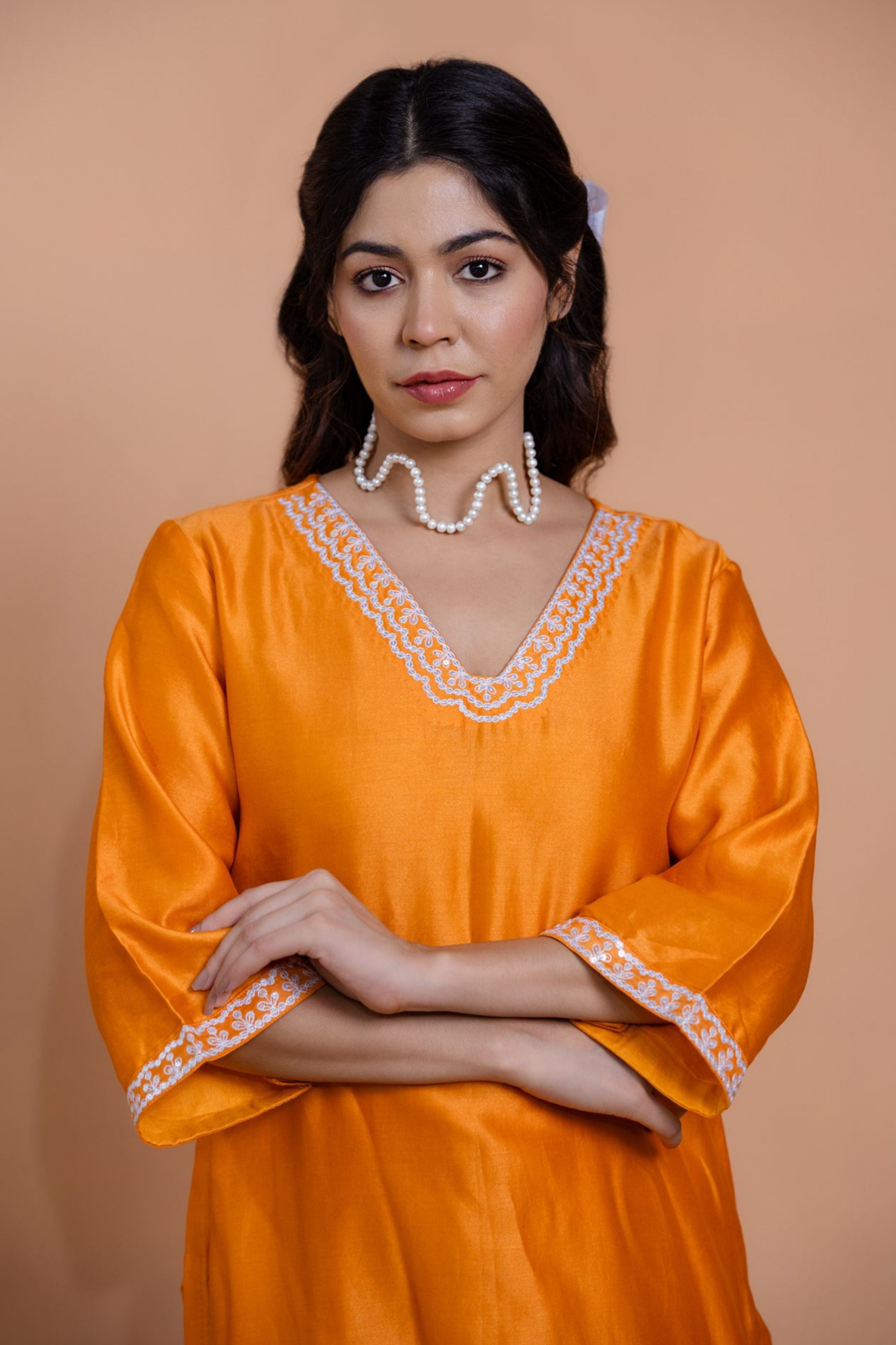 Orange Floral Motif Suit Set