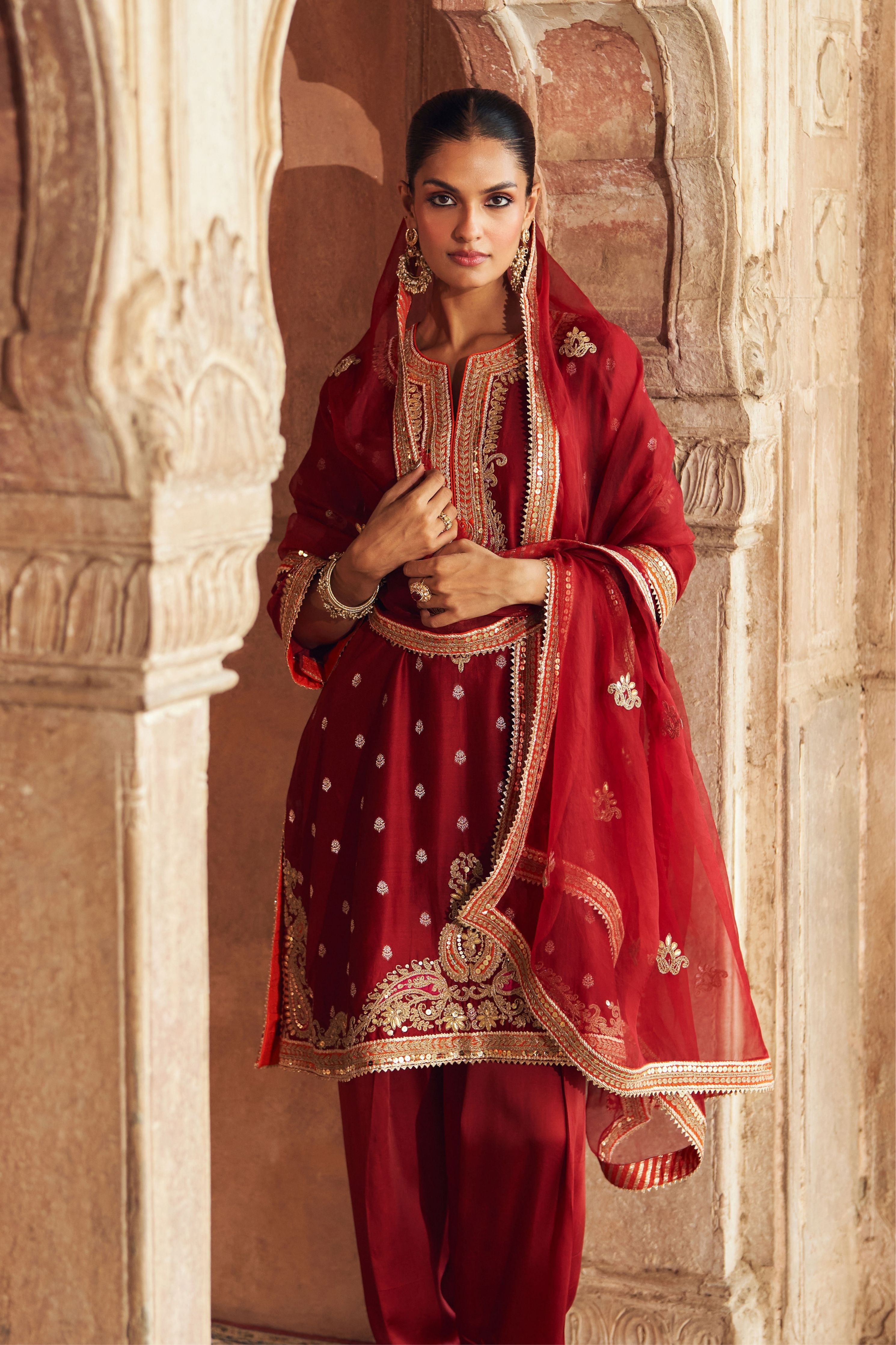 Mehwish  Deep Red Short Kurta With Salwar And Dupatta