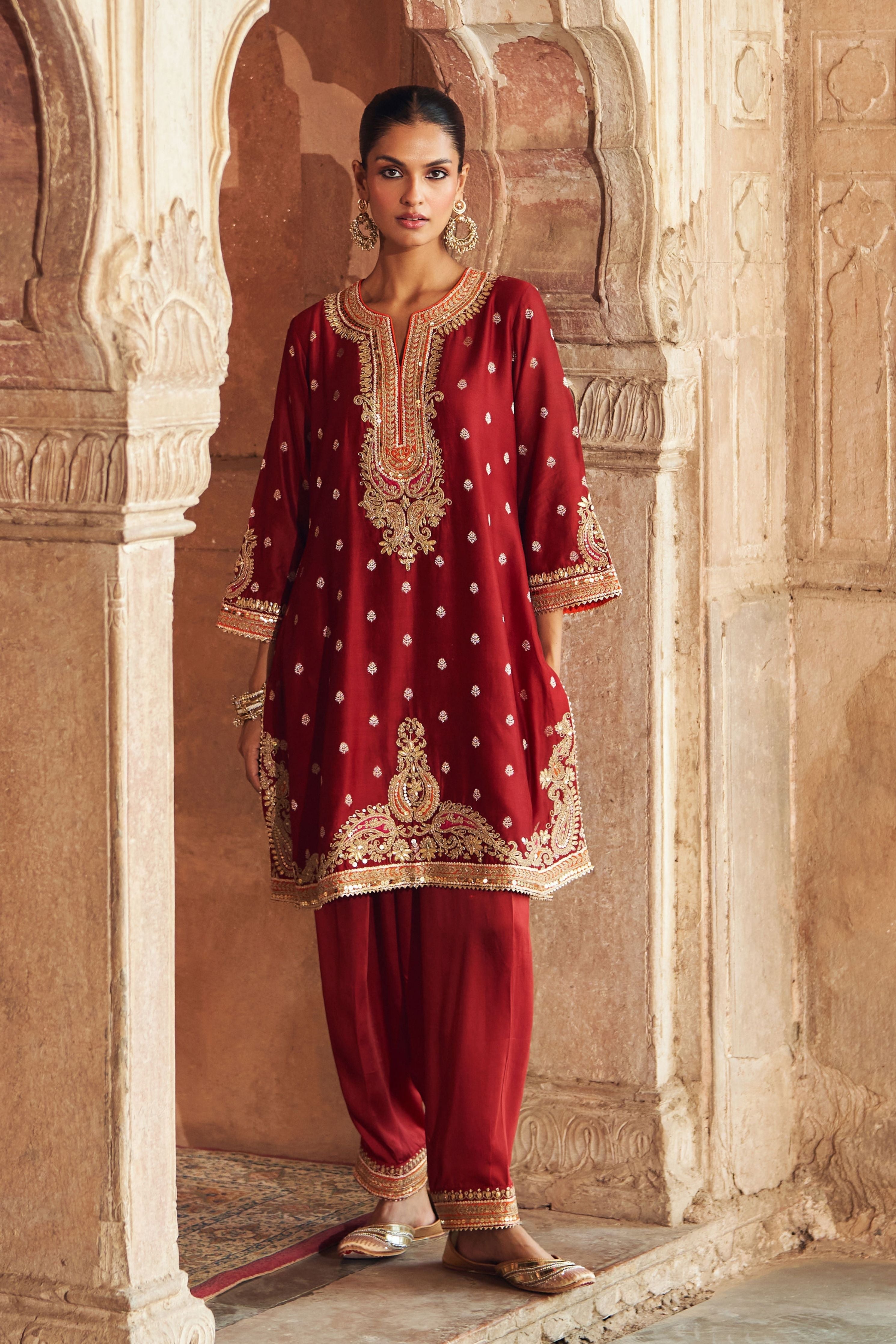 Mehwish  Deep Red Short Kurta With Salwar And Dupatta