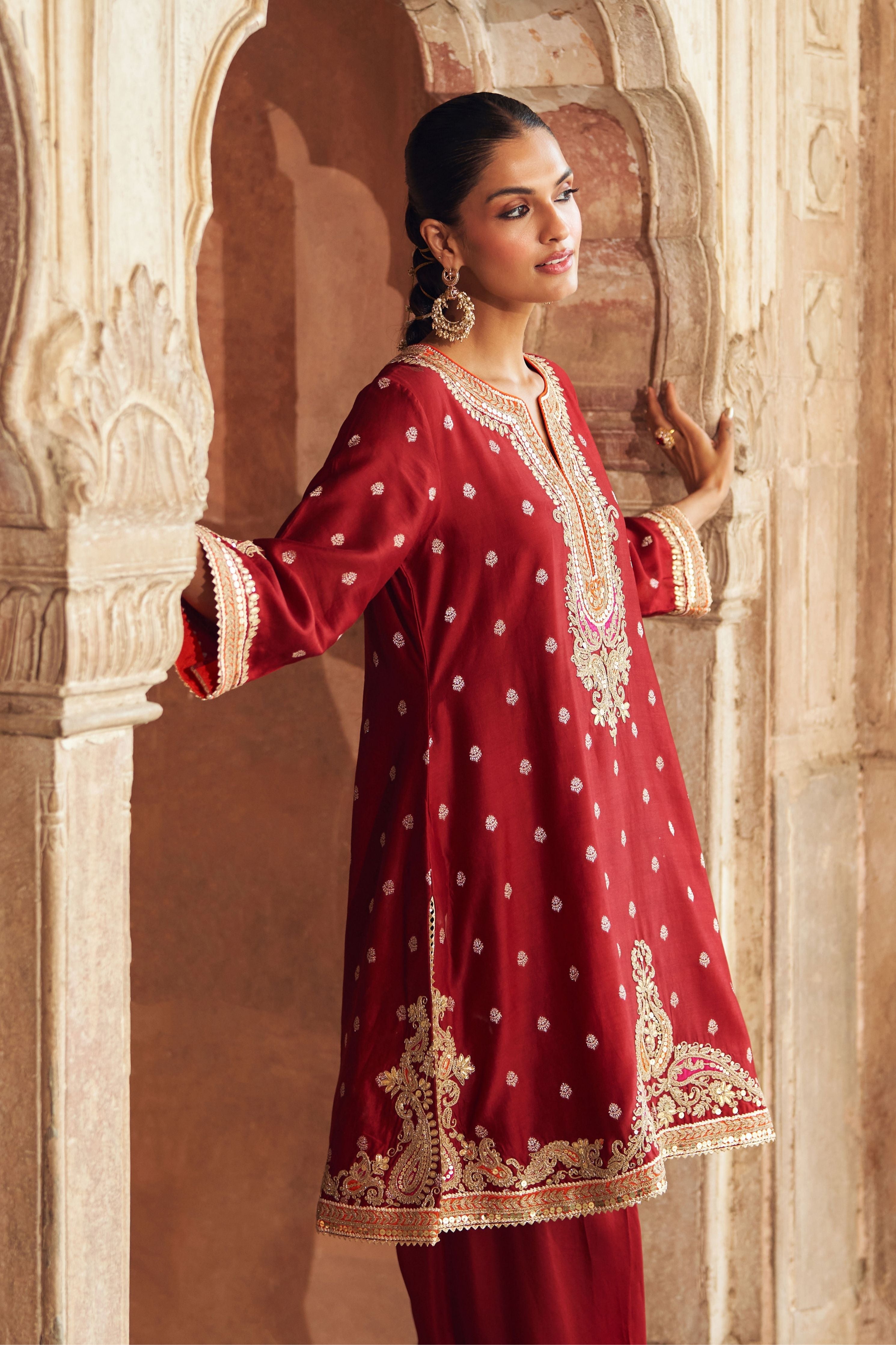 Mehwish  Deep Red Short Kurta With Salwar And Dupatta