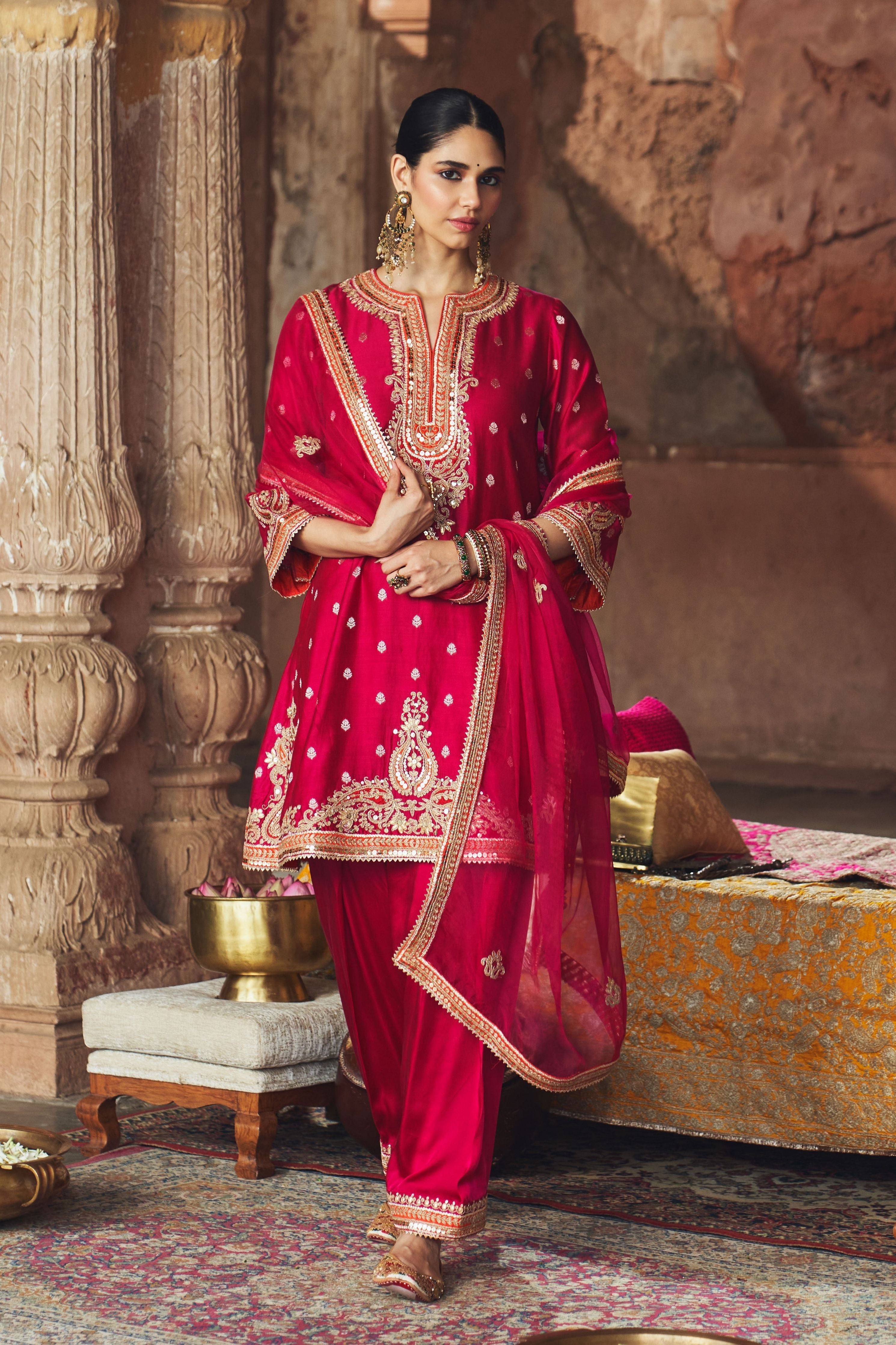 Mehwish  Hotpink Short Kurta With Salwar And Dupatta