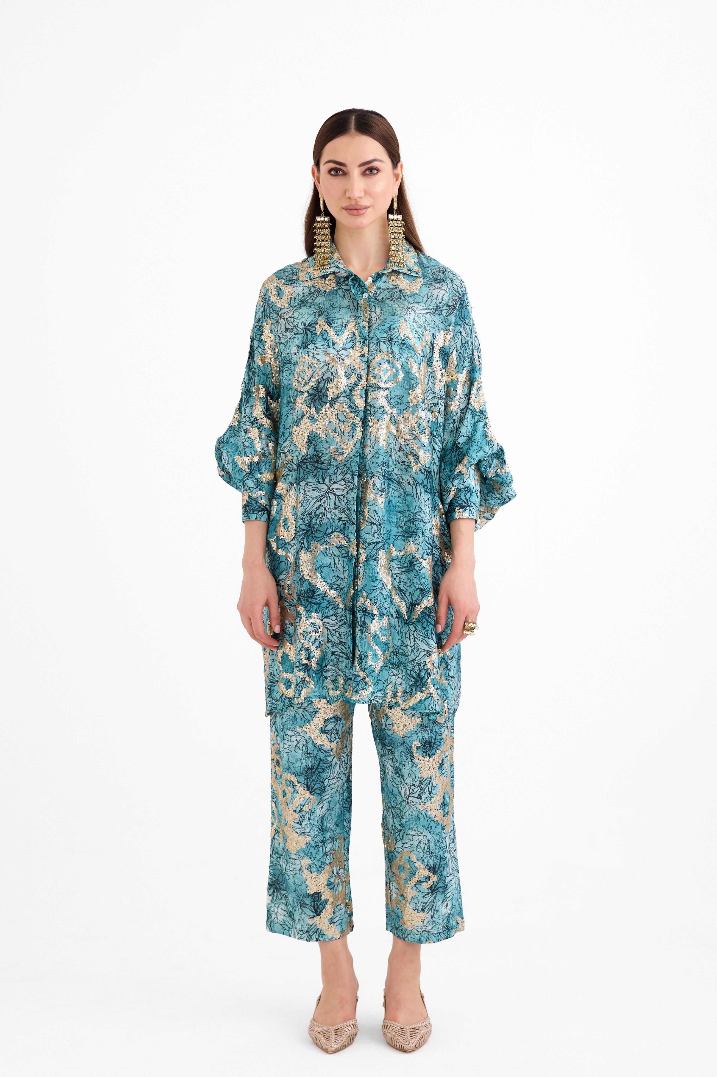 Sequins Cuff Shirt Set