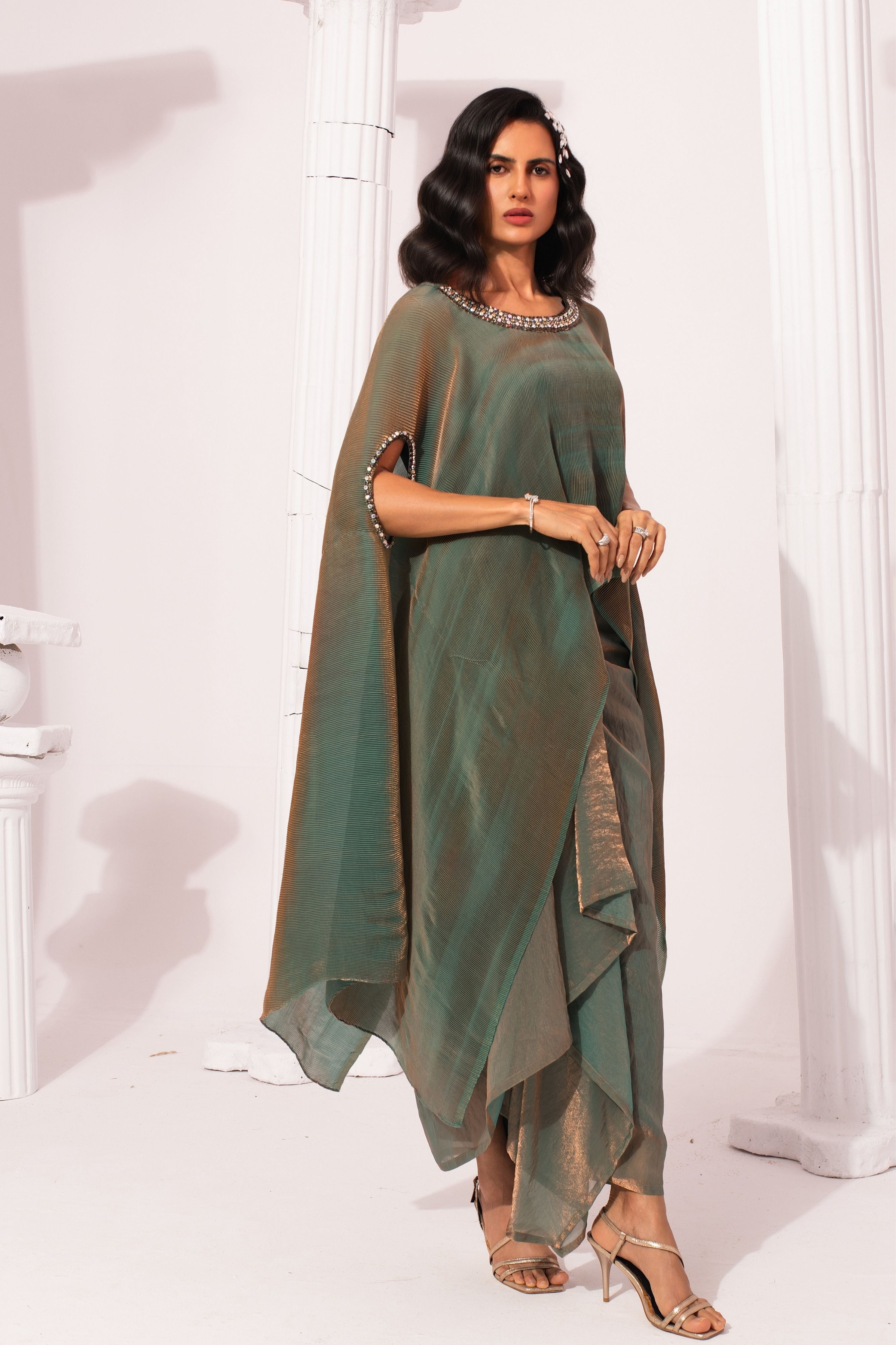 Metalic Moss Green Kaftan & Dhoti Set