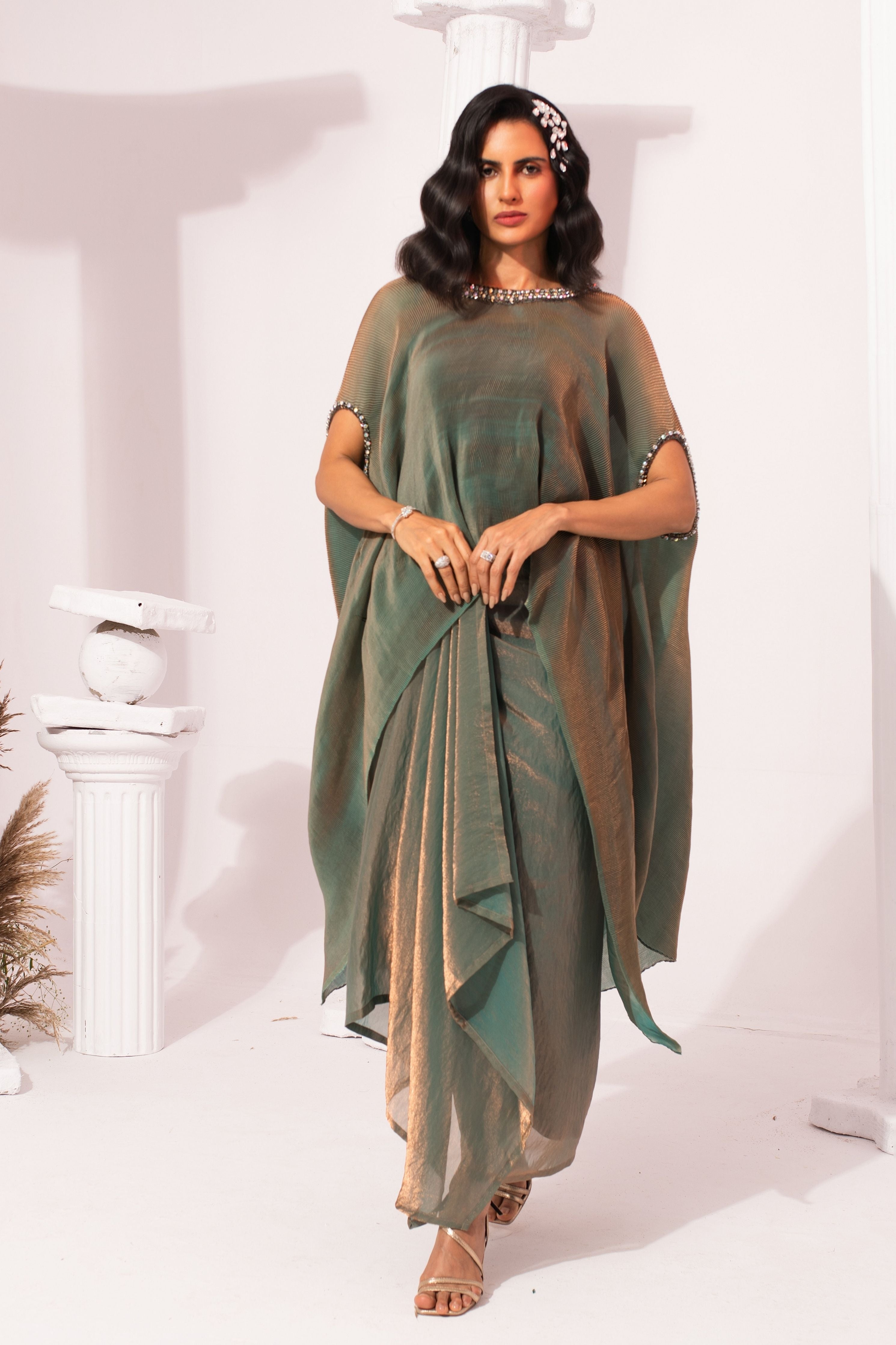Metalic Moss Green Kaftan & Dhoti Set
