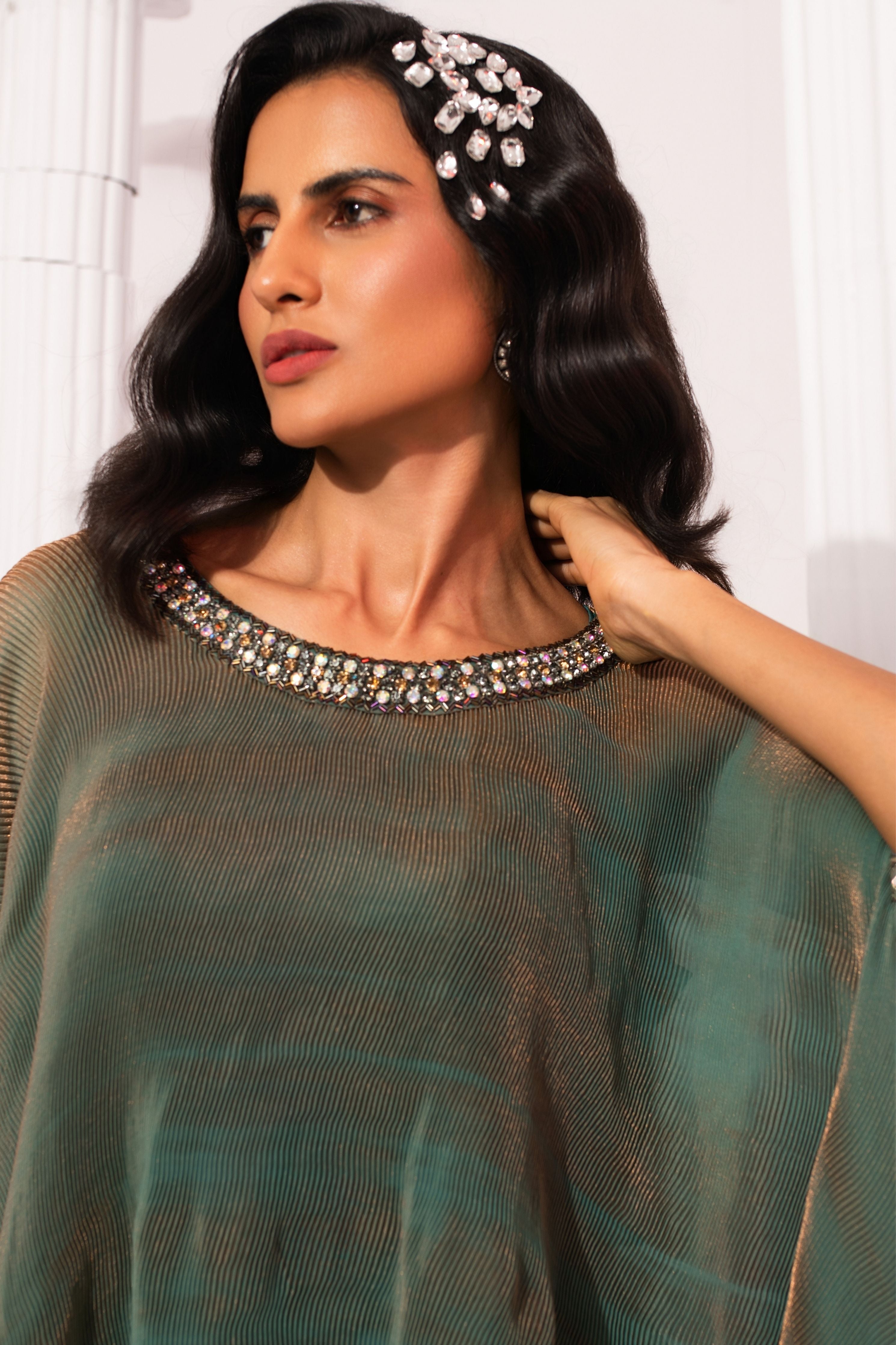 Metalic Moss Green Kaftan & Dhoti Set