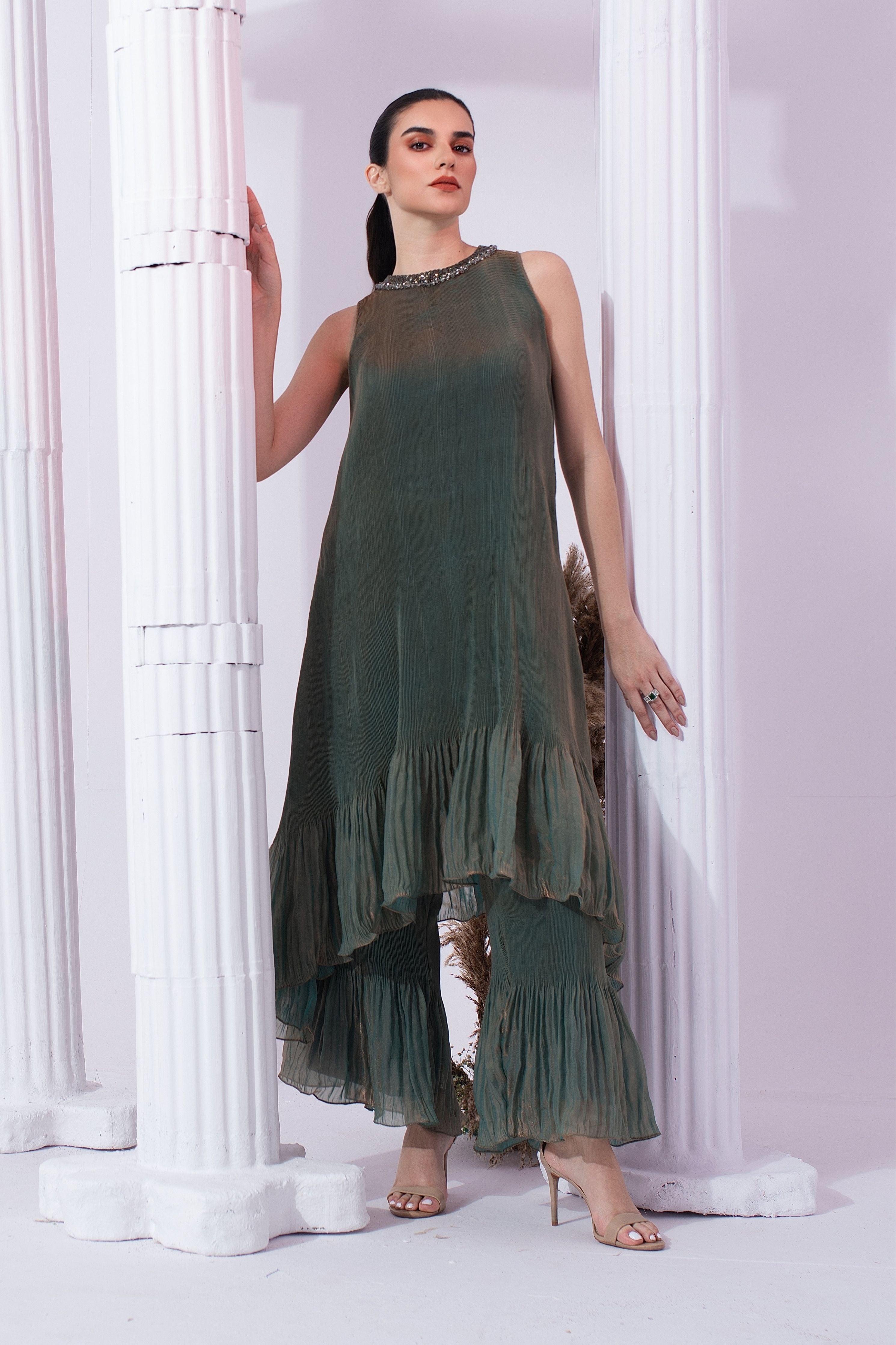 Metalic Moss Green High Neck Kurta Set