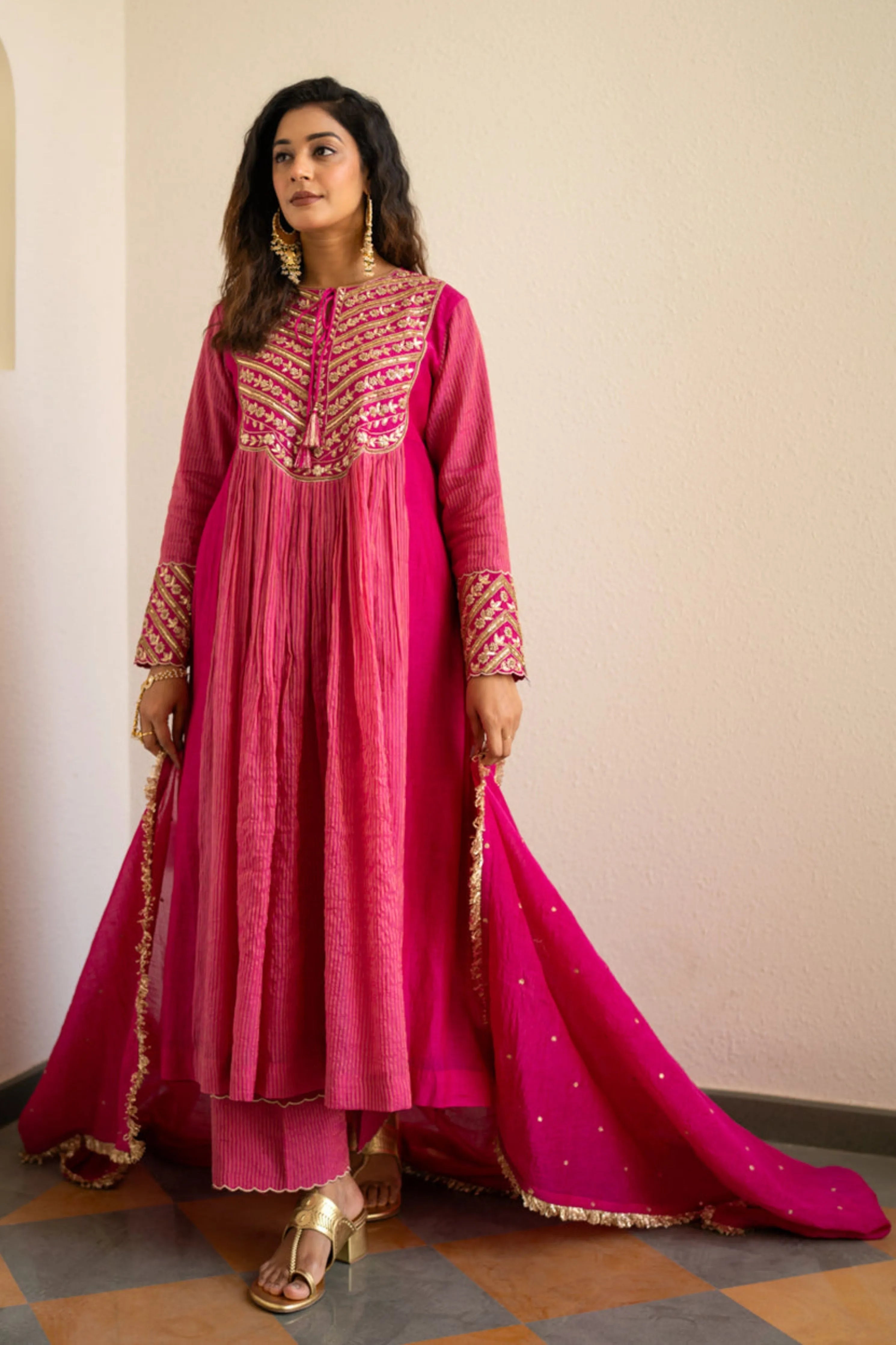 Pink Tissue Centre Gathered Kurta Set