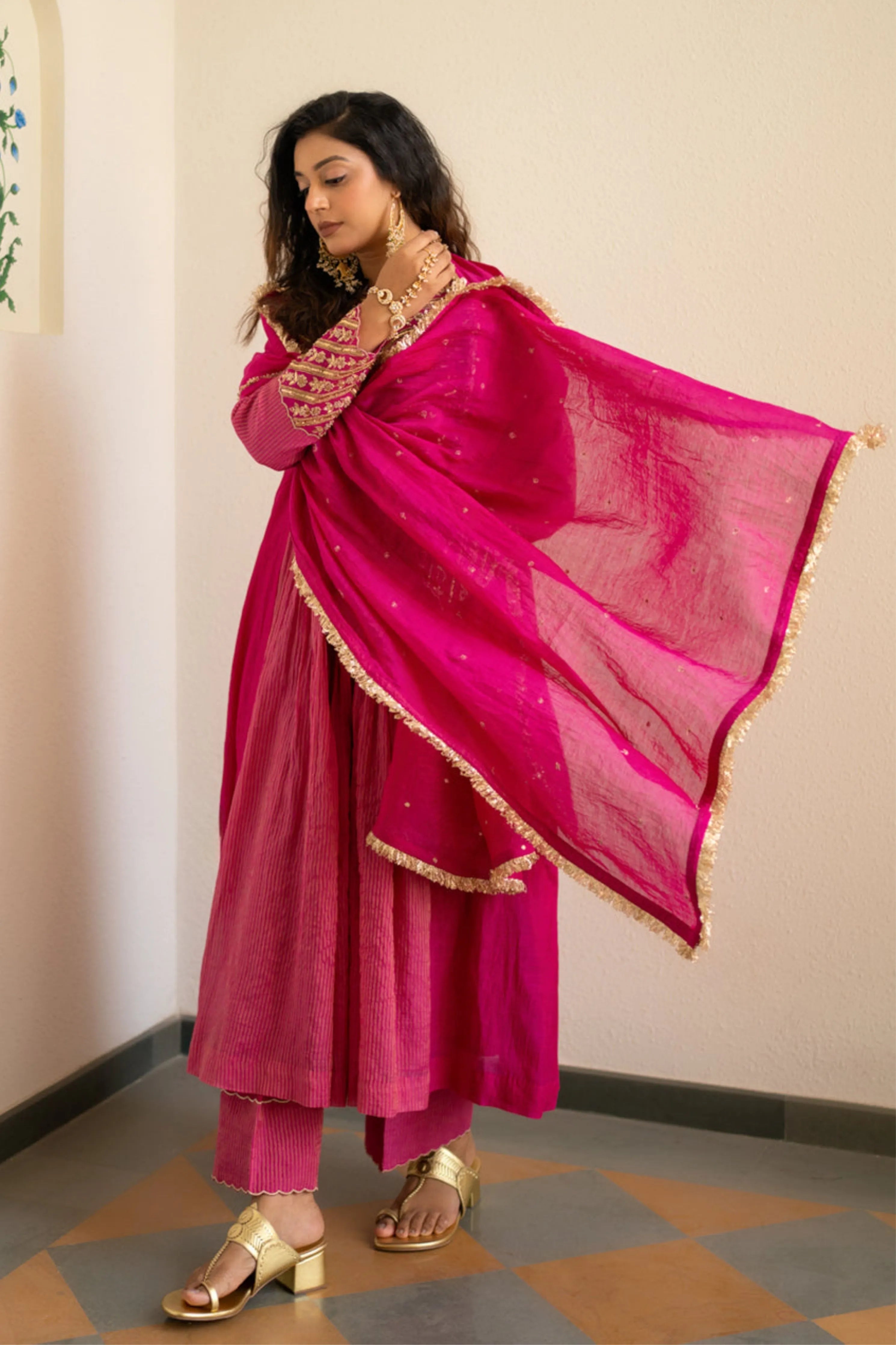 Pink Tissue Centre Gathered Kurta Set